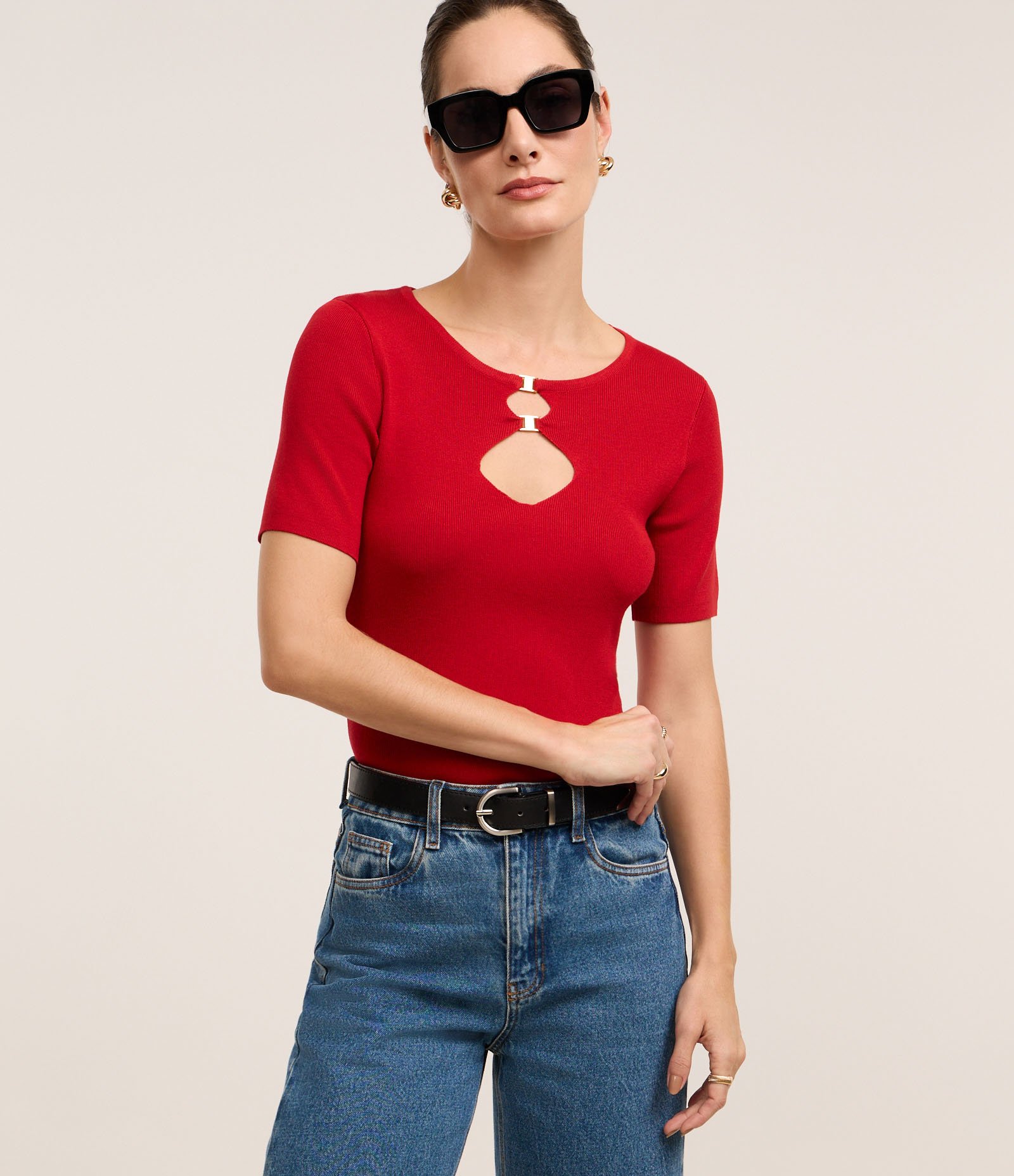 Blusa Ajustada em Tricô com Aberturas Afiveladas Vermelho 1