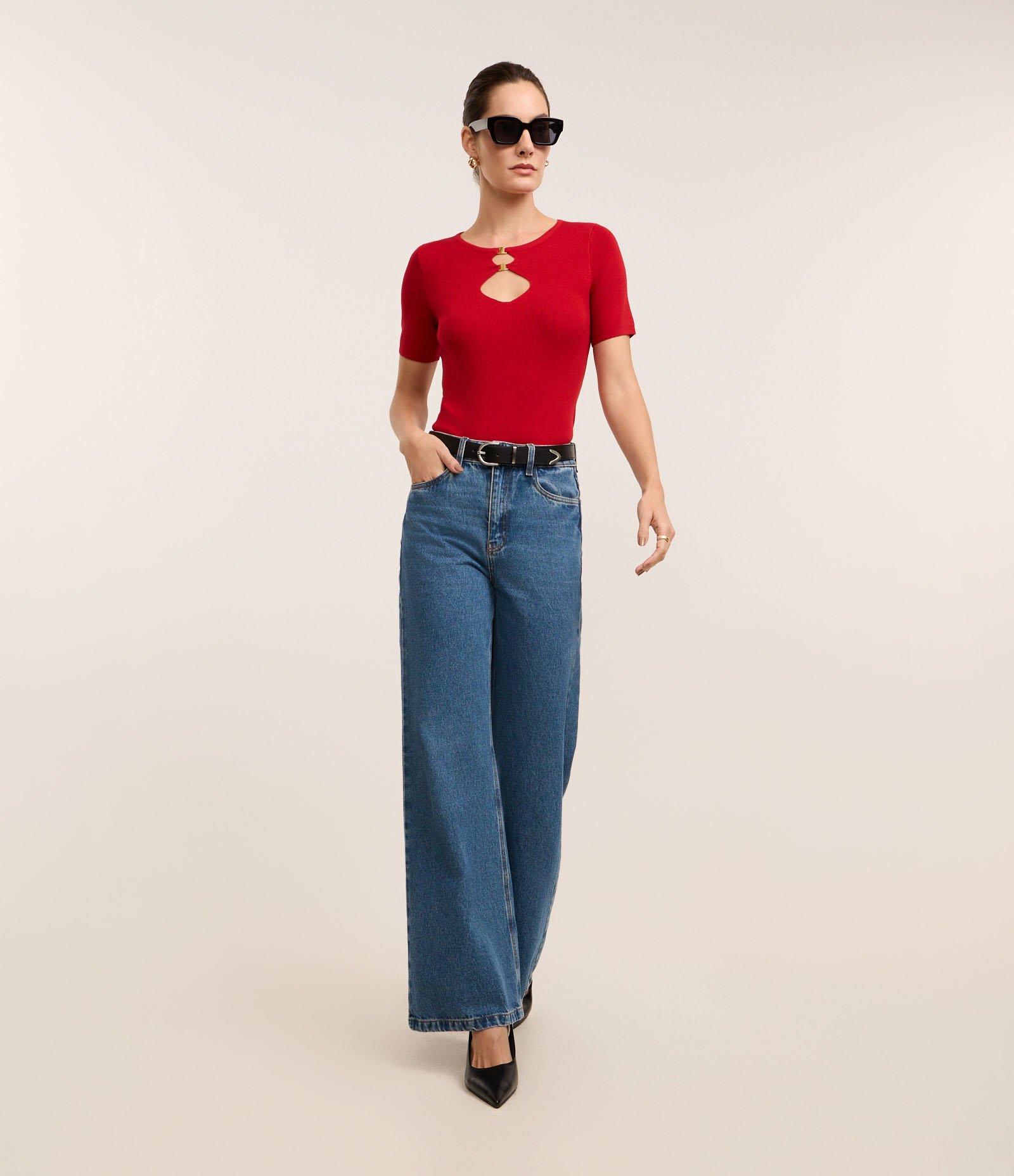 Blusa Ajustada em Tricô com Aberturas Afiveladas Vermelho 2