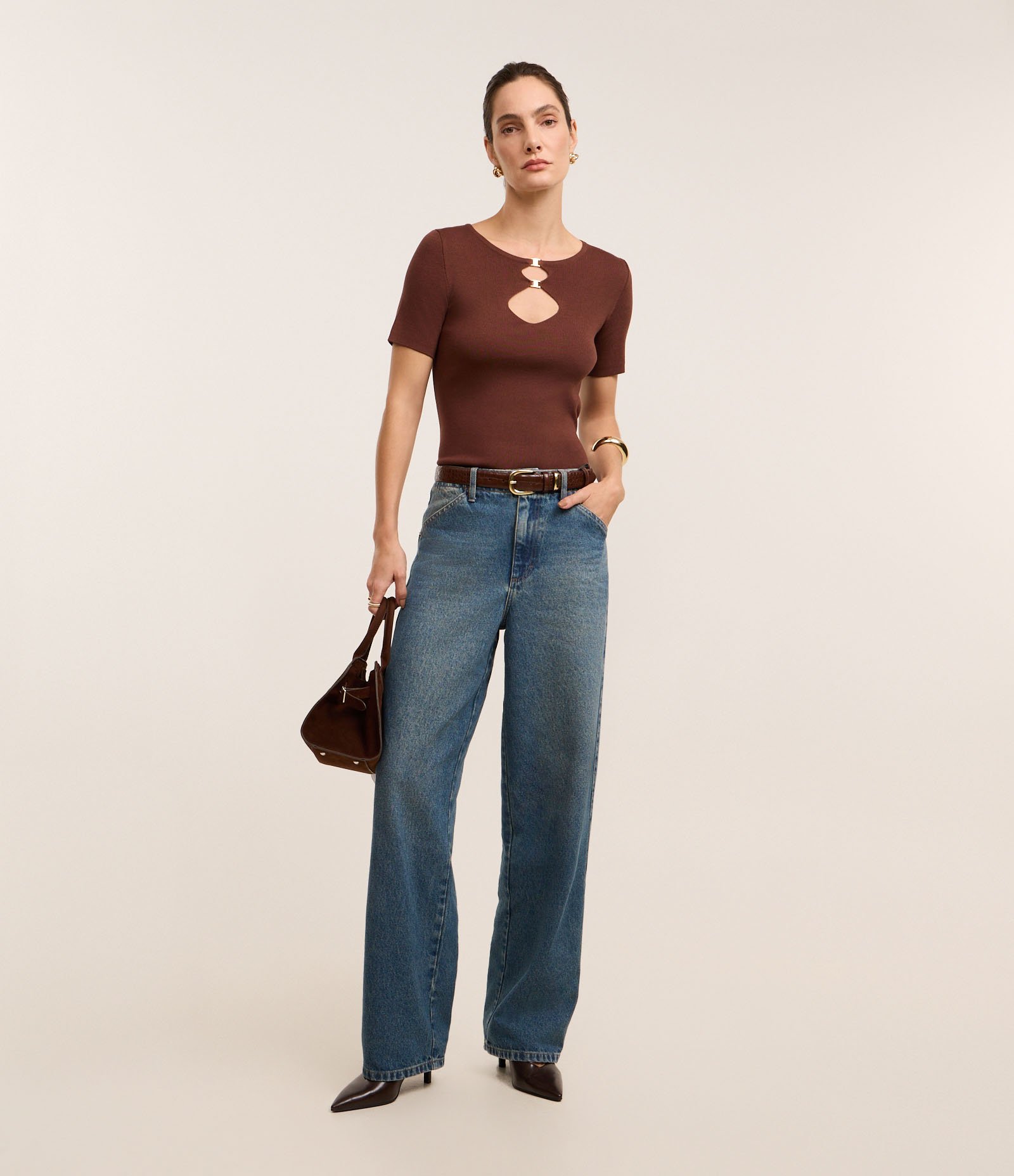 Blusa Ajustada em Tricô com Aberturas Afiveladas Marrom 2