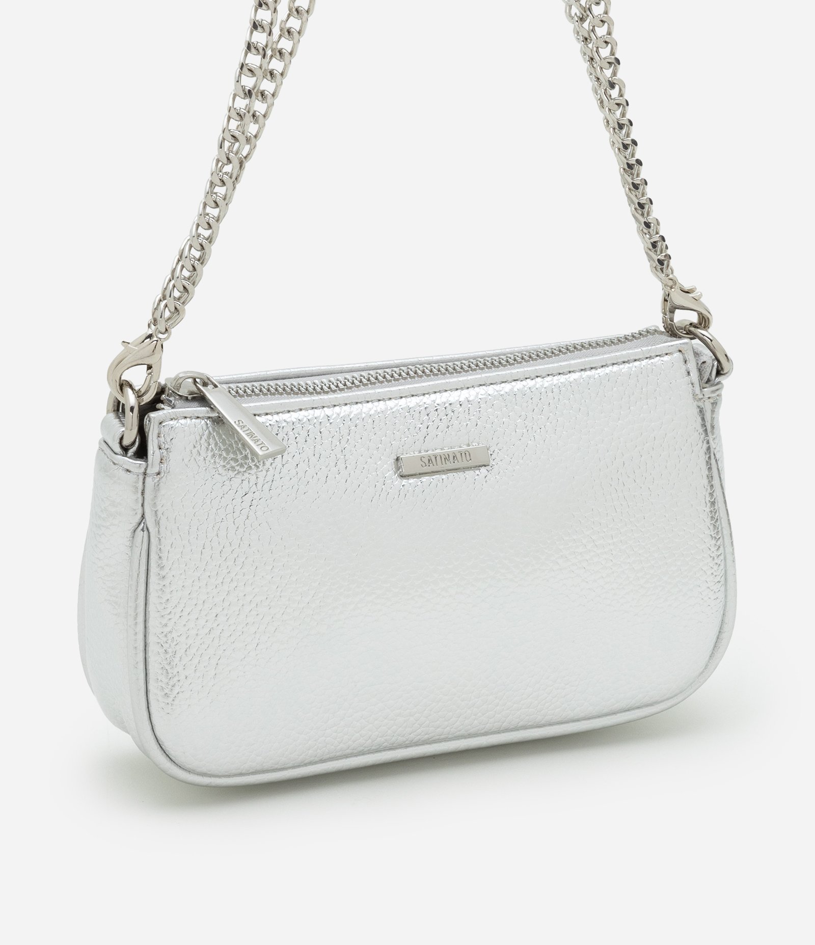 Bolsa Baguete Pequena em PU Metalizada em Floater com Alça Curta e Longa Prata 2