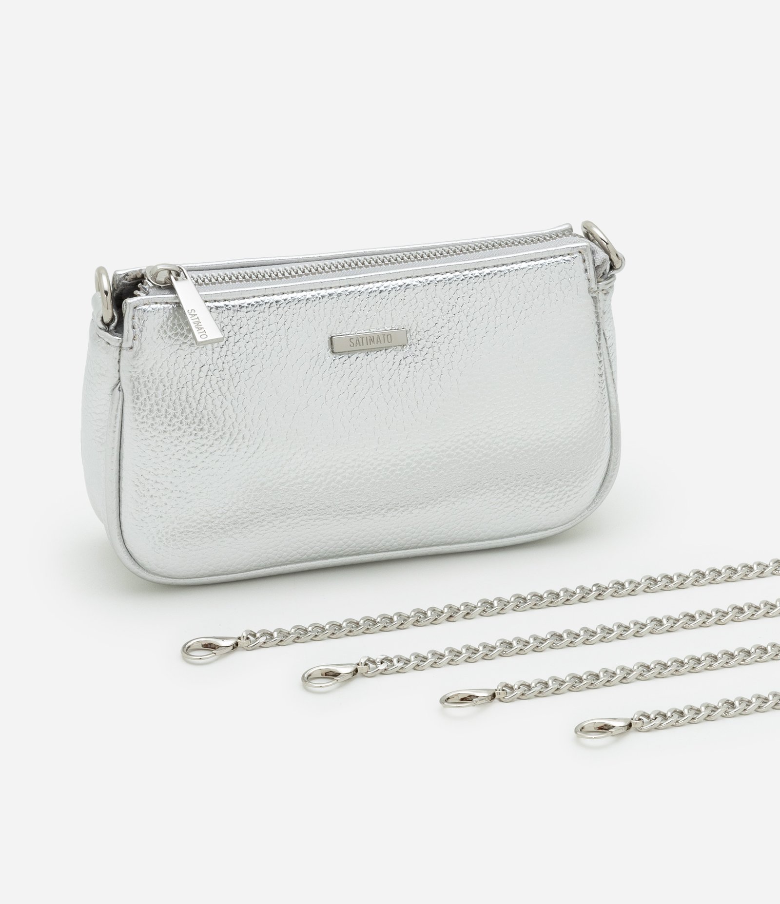 Bolsa Baguete Pequena em PU Metalizada em Floater com Alça Curta e Longa Prata 8
