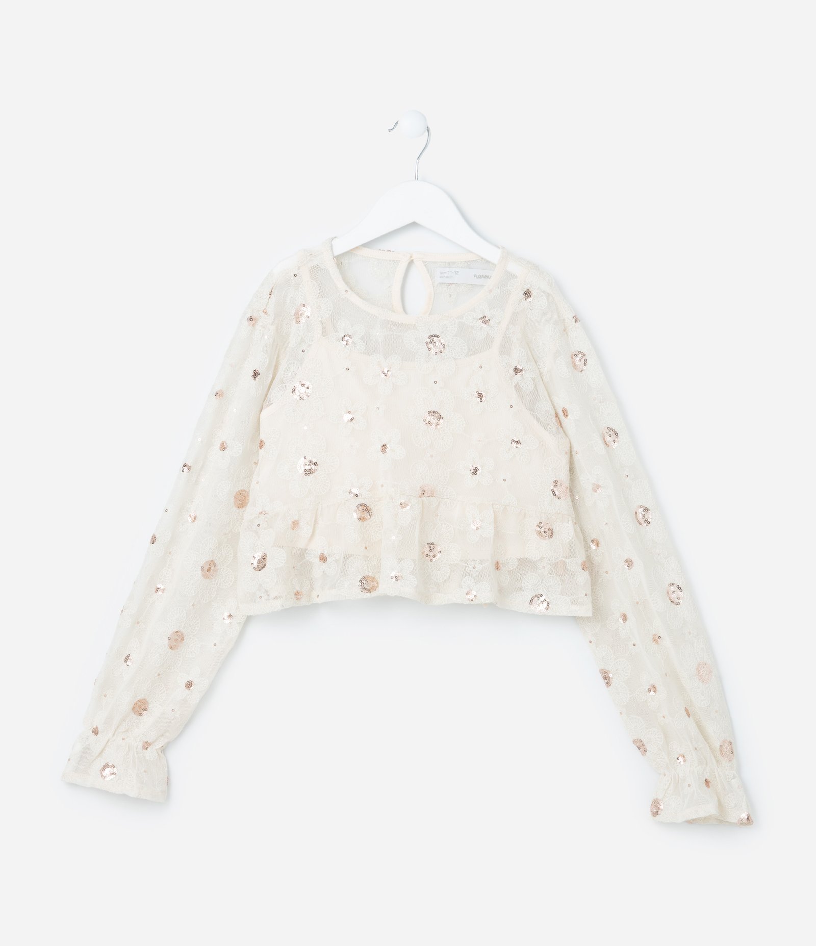 Blusa Curta Infantil em Tule com Bordado de Paetês - Tam 5 a 14 Anos Bege 1