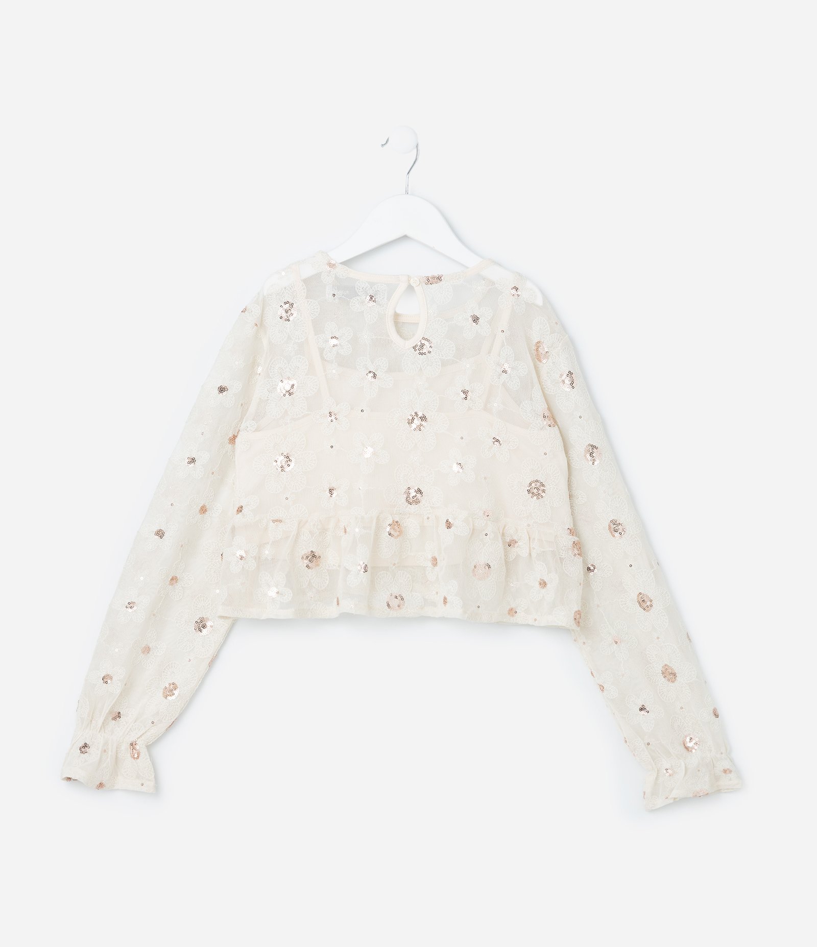 Blusa Curta Infantil em Tule com Bordado de Paetês - Tam 5 a 14 Anos Bege 2