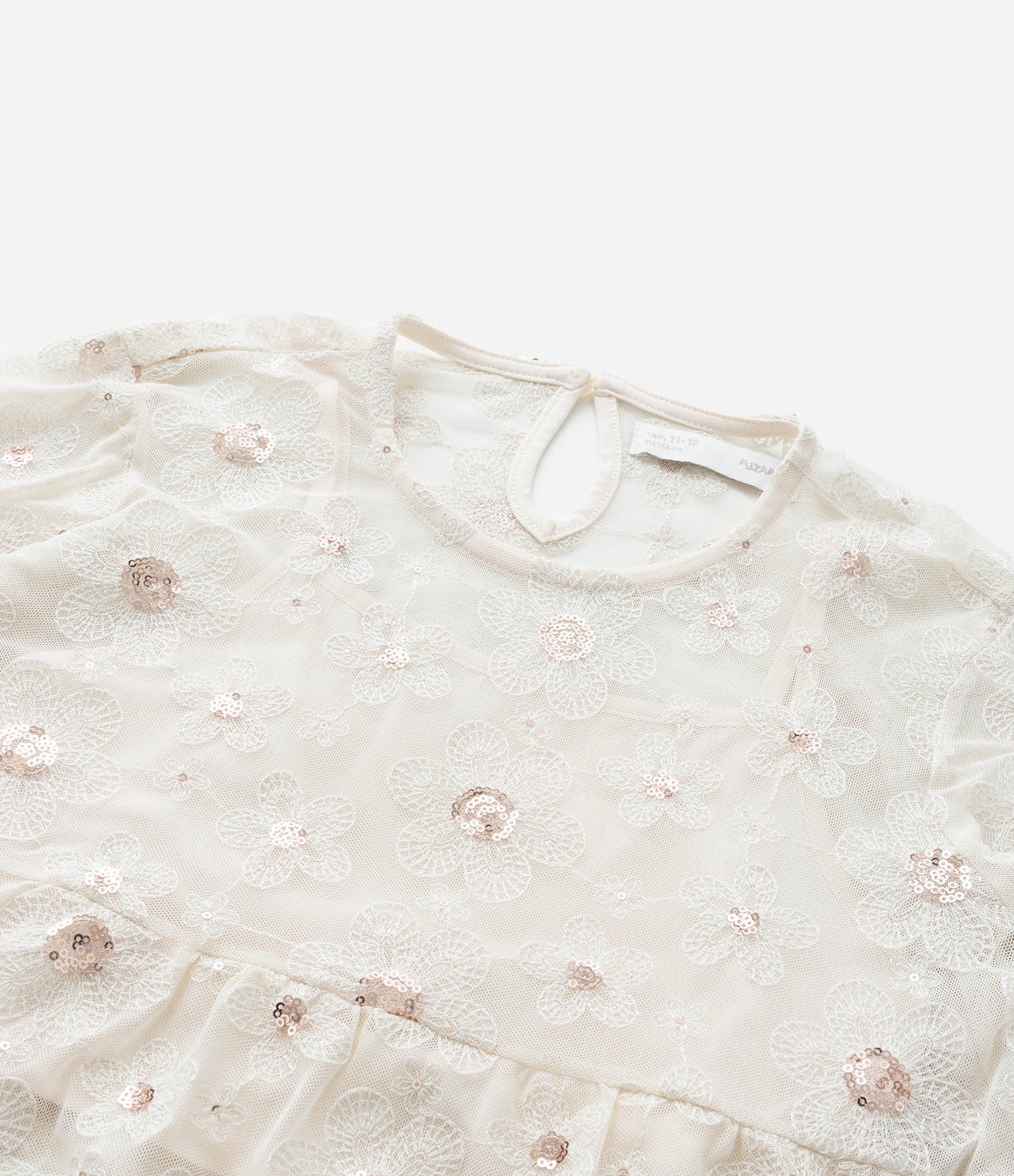 Blusa Curta Infantil em Tule com Bordado de Paetês - Tam 5 a 14 Anos Bege 6