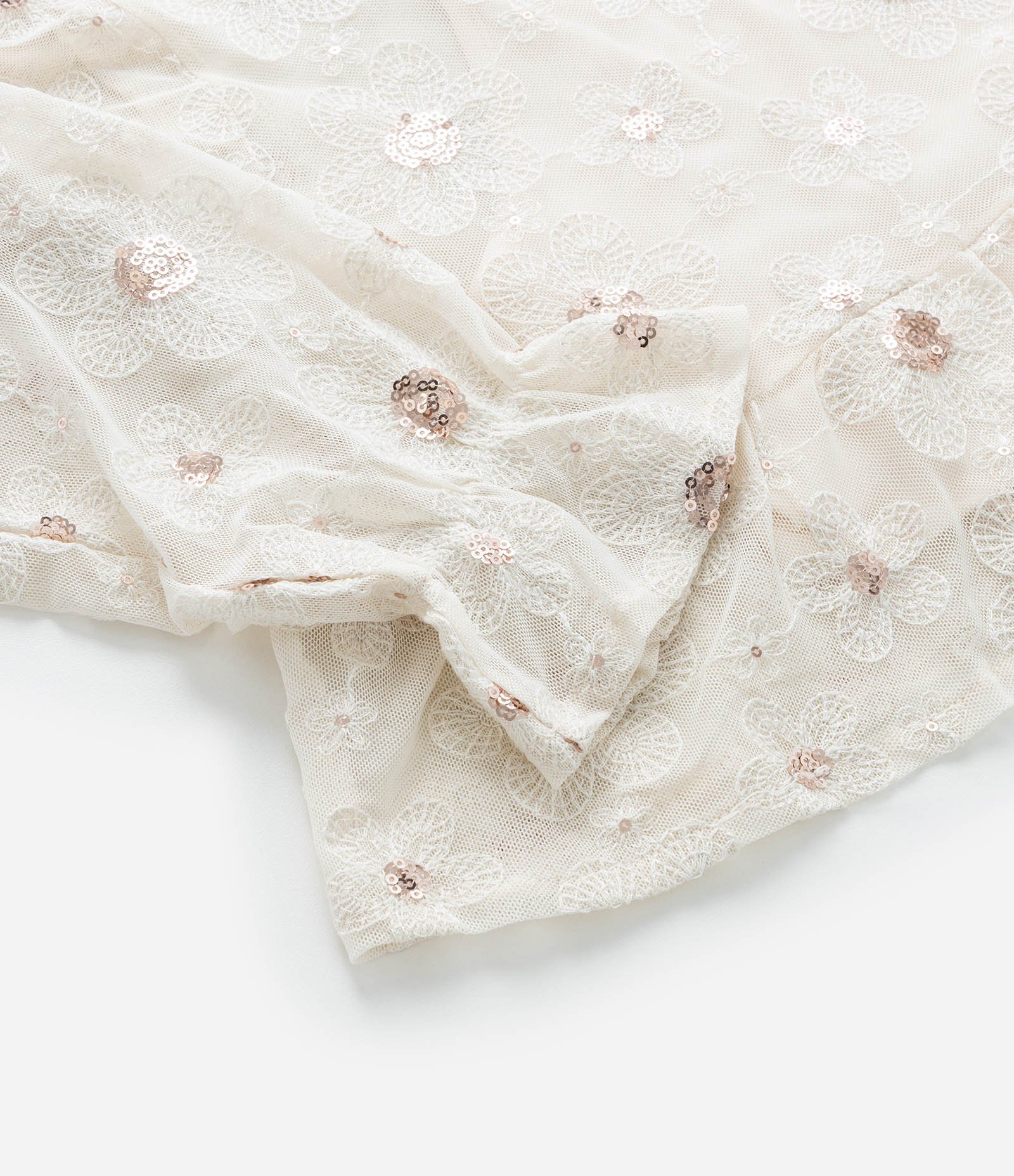 Blusa Curta Infantil em Tule com Bordado de Paetês - Tam 5 a 14 Anos Bege 7