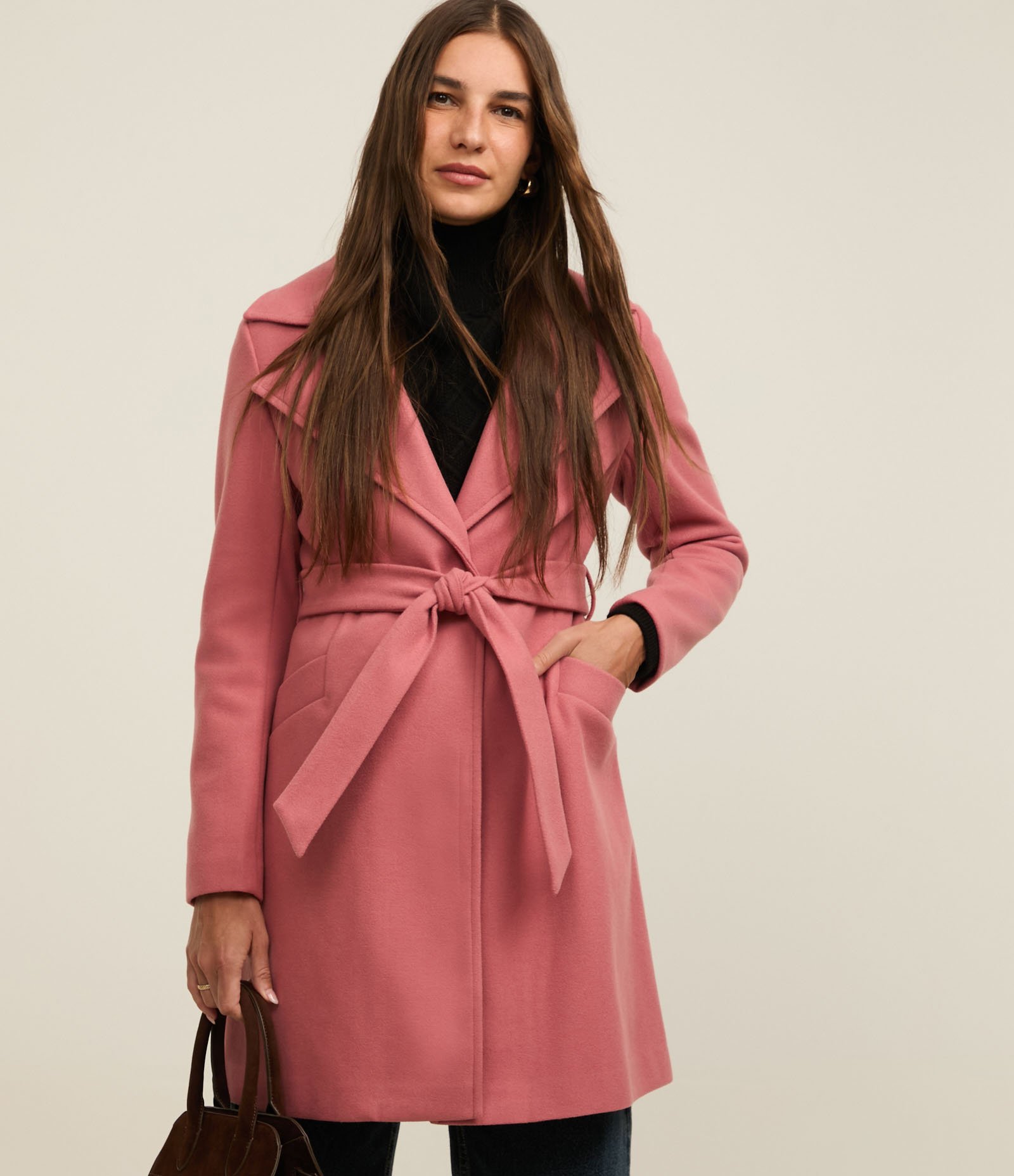 Casaco Alongado em Polivelour com Cinto de Tecido Rosa Terroso 7
