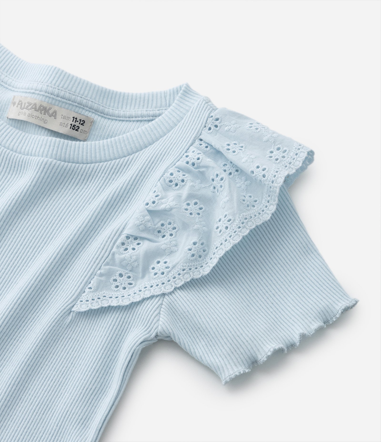 Blusa Infantil em Ribana com Babados Broderie - Tam 5 a 14 Anos Azul 4