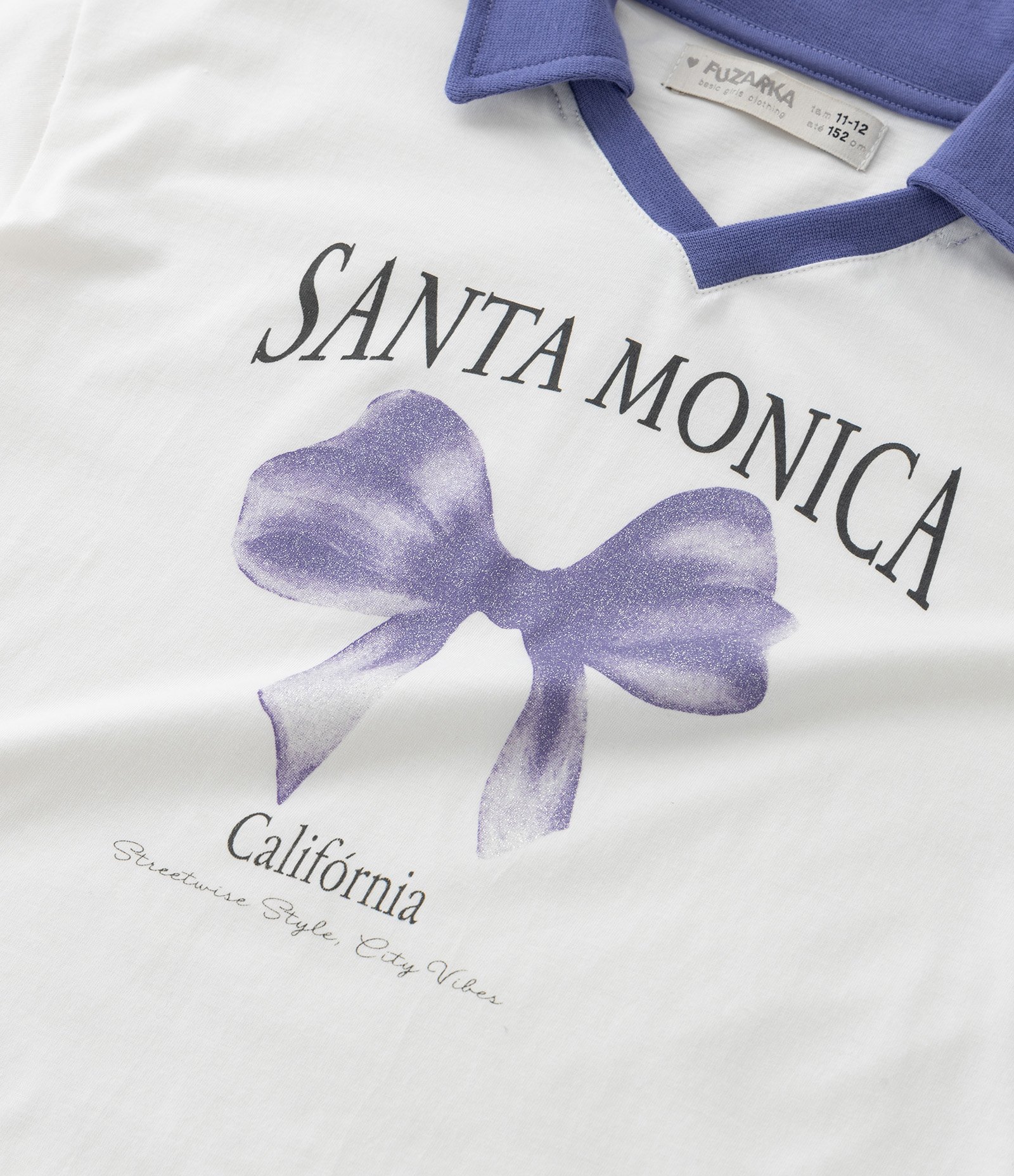 Camiseta Infantil com Gola Camisa e Estampa Laço Santa Monica -Tam 5 a 14 anos Branco/Roxo 5