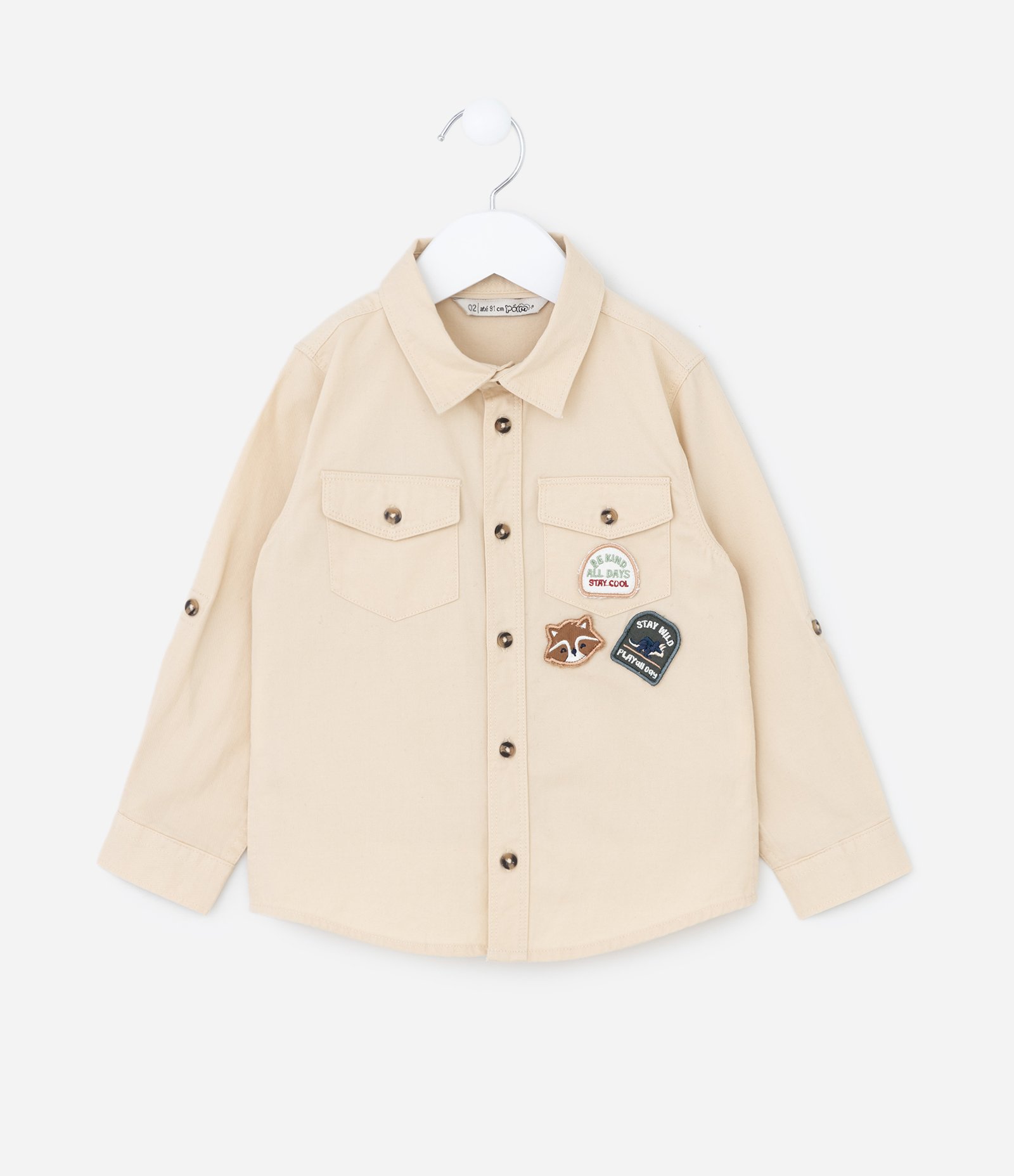 Camisa Infantil em Sarja com Patchs Raposa e Dino - Tam 1 a 6 Anos Bege 1