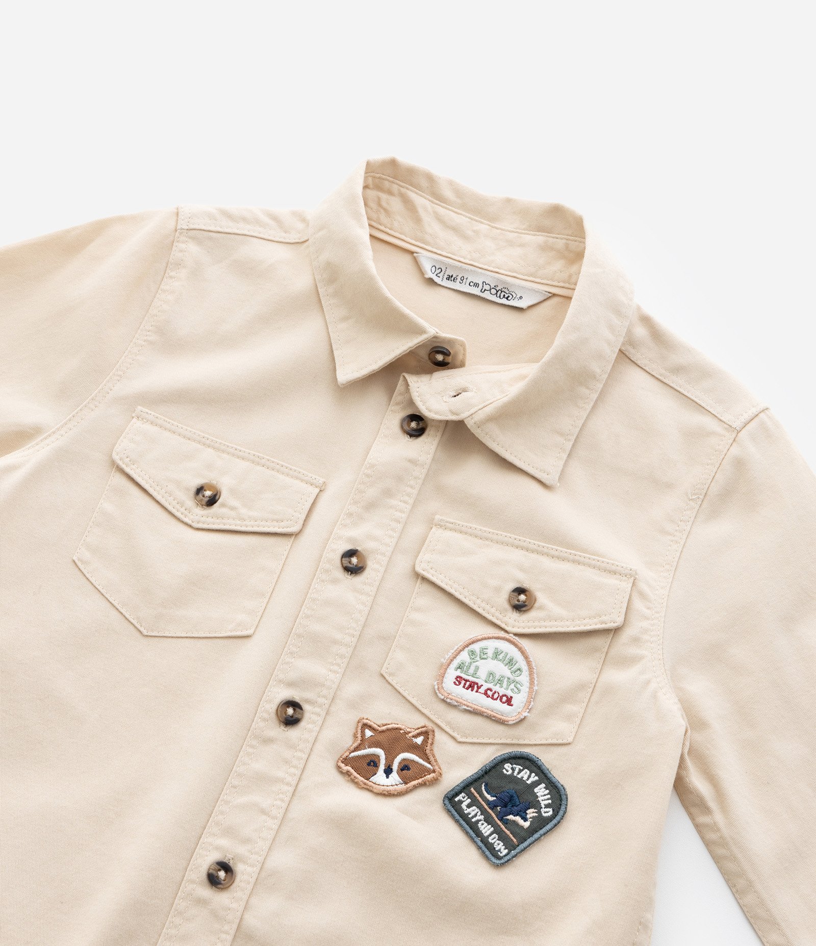 Camisa Infantil em Sarja com Patchs Raposa e Dino - Tam 1 a 6 Anos Bege 6