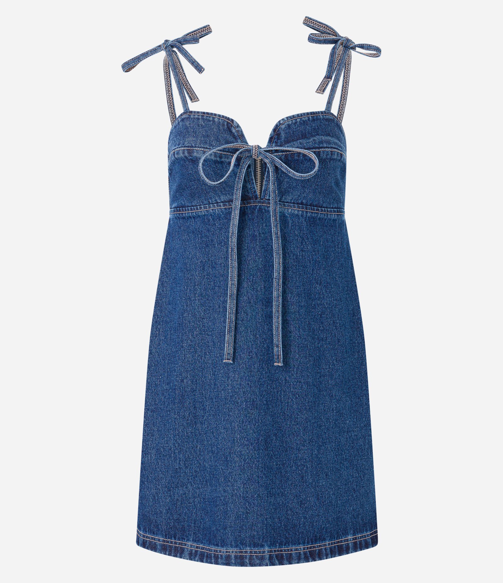 Vestido Curto em Jeans com Alça de Laço e Decote Coração Azul 5