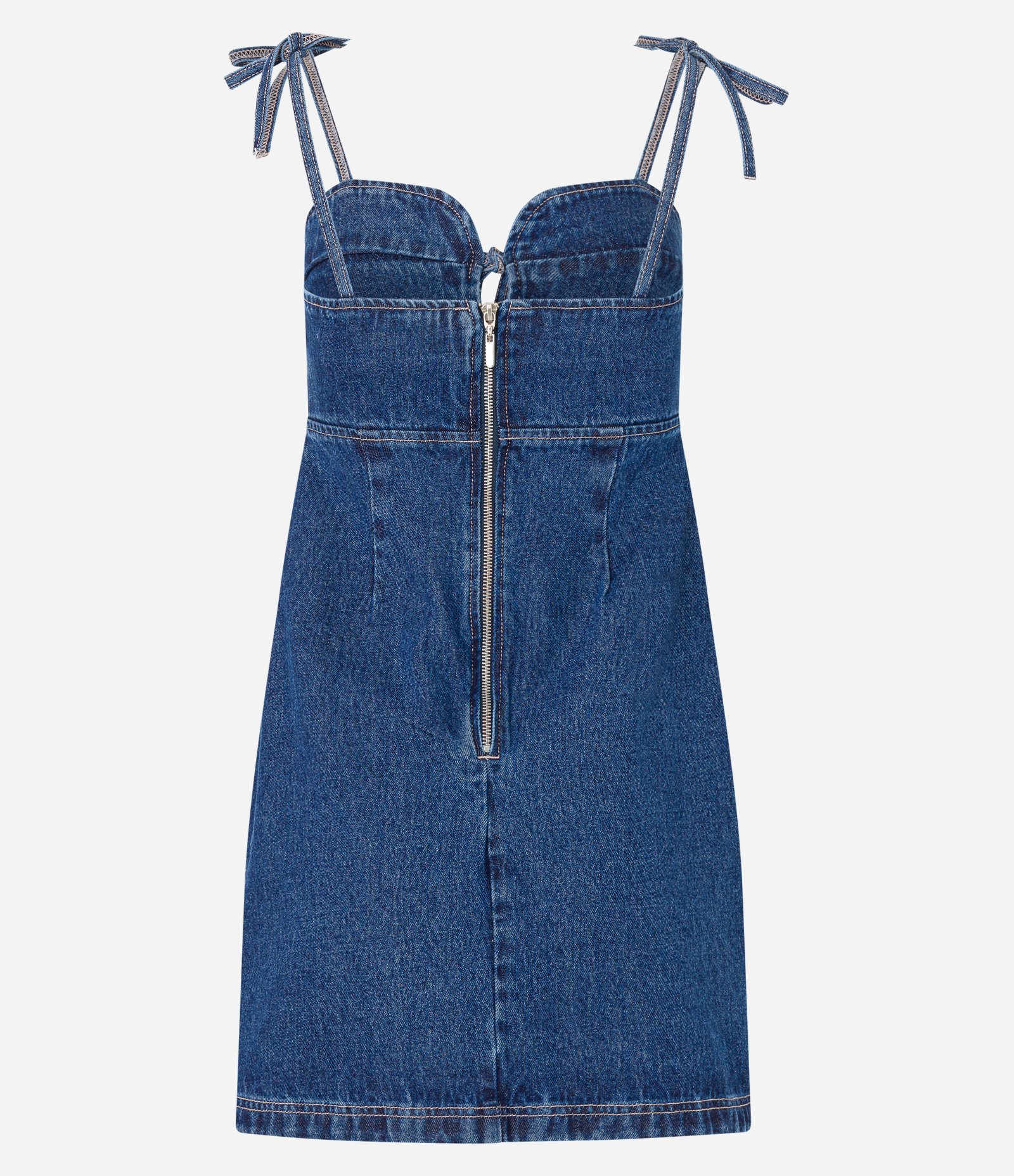 Vestido Curto em Jeans com Alça de Laço e Decote Coração Azul 6
