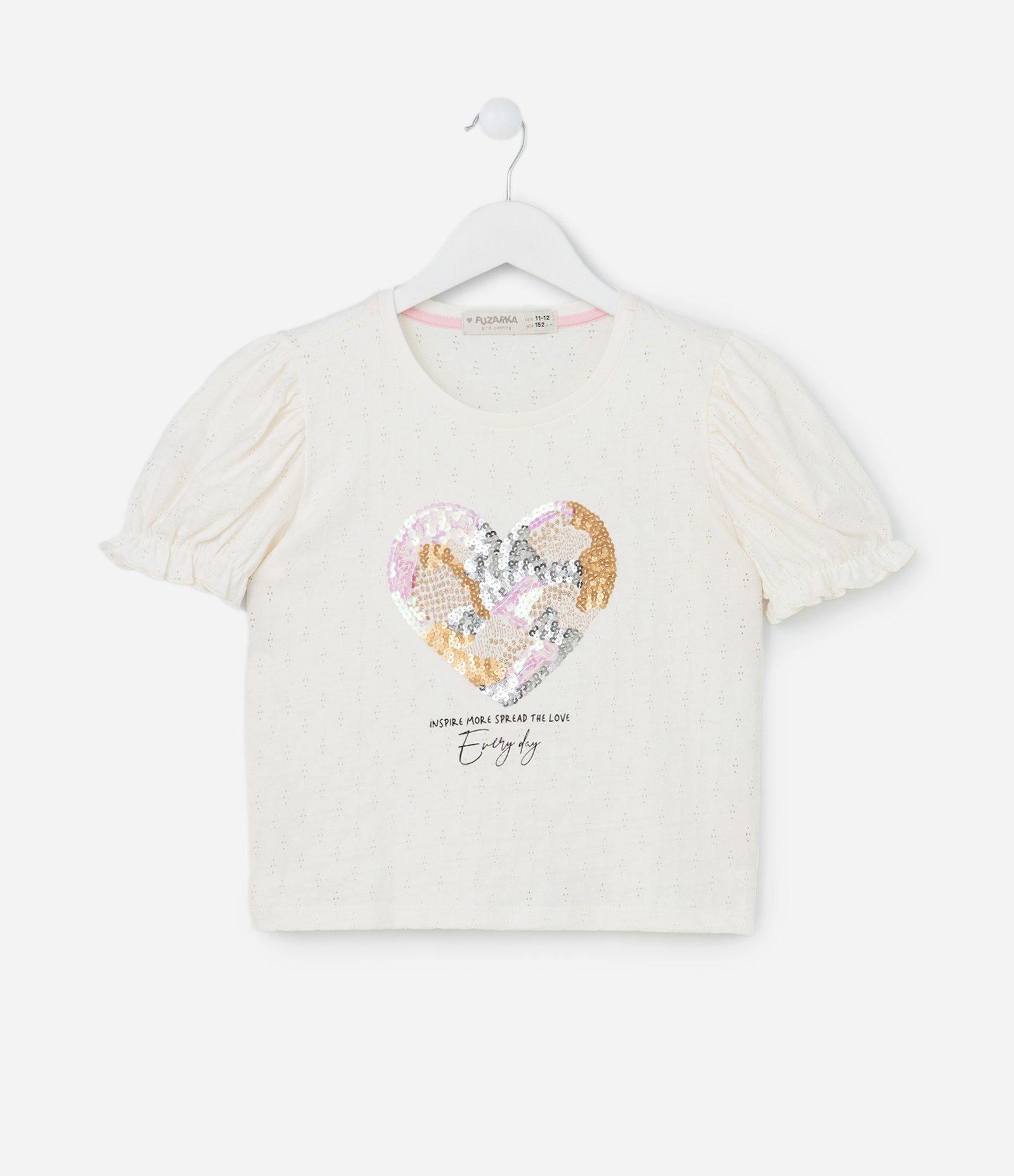 Blusa Infantil com Manga Bufante e Bordado em Paetês - Tam 5 a 14 Anos Bege 1