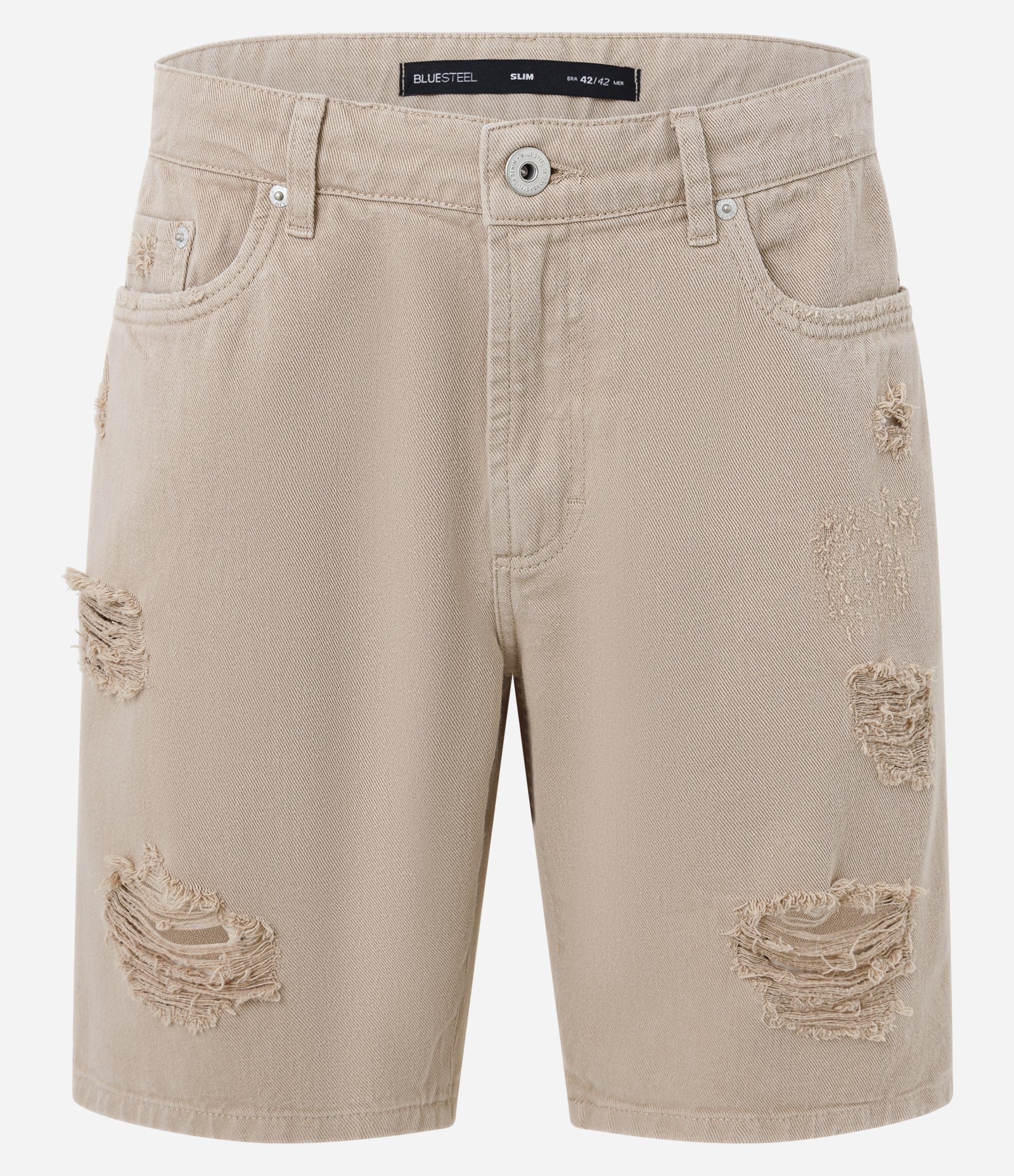Bermuda Slim Destroyed com Puídos e Bolso Bege 1