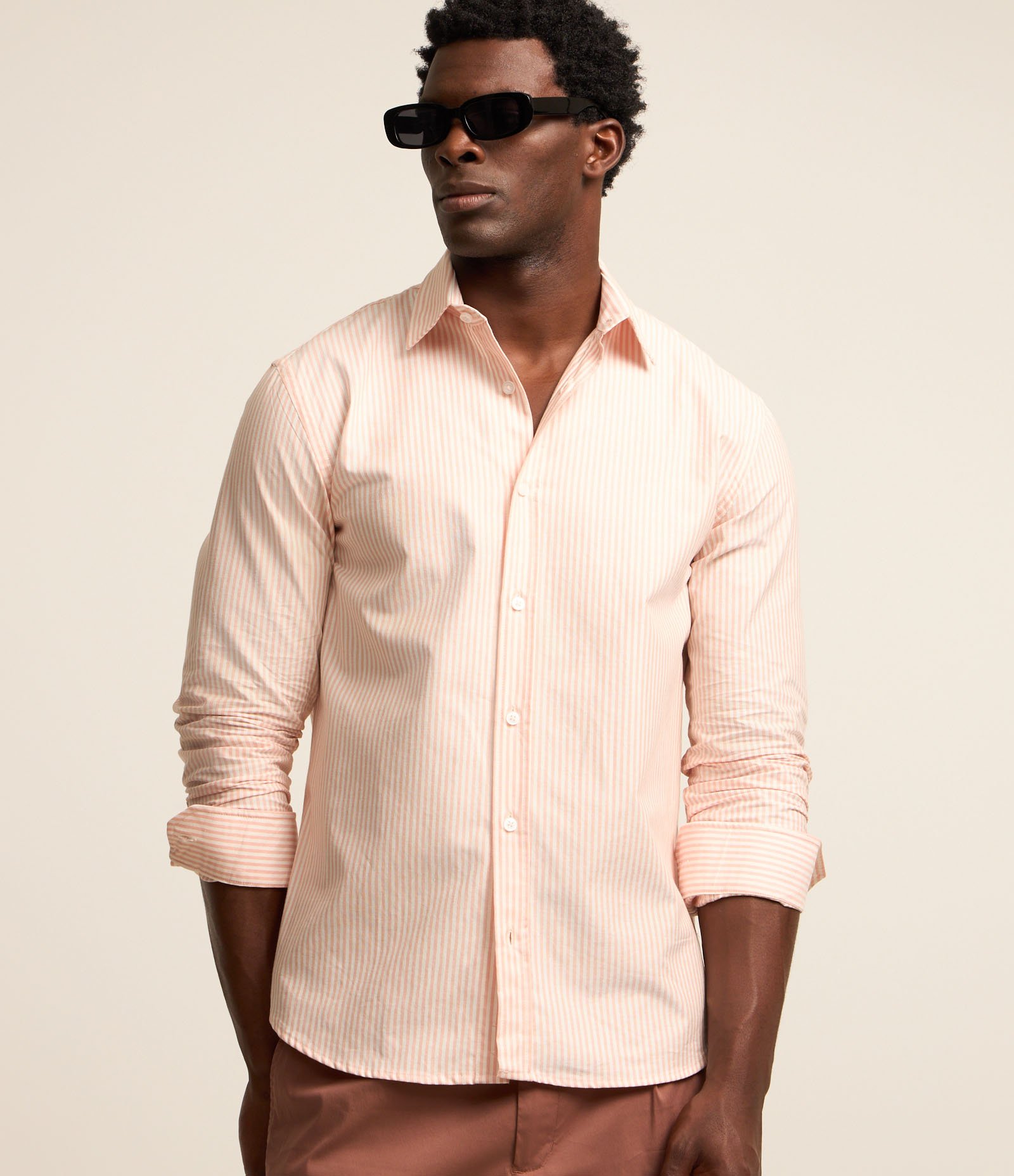 Camisa Regular em Oxford com Listras Fio Tinto Rosa 1