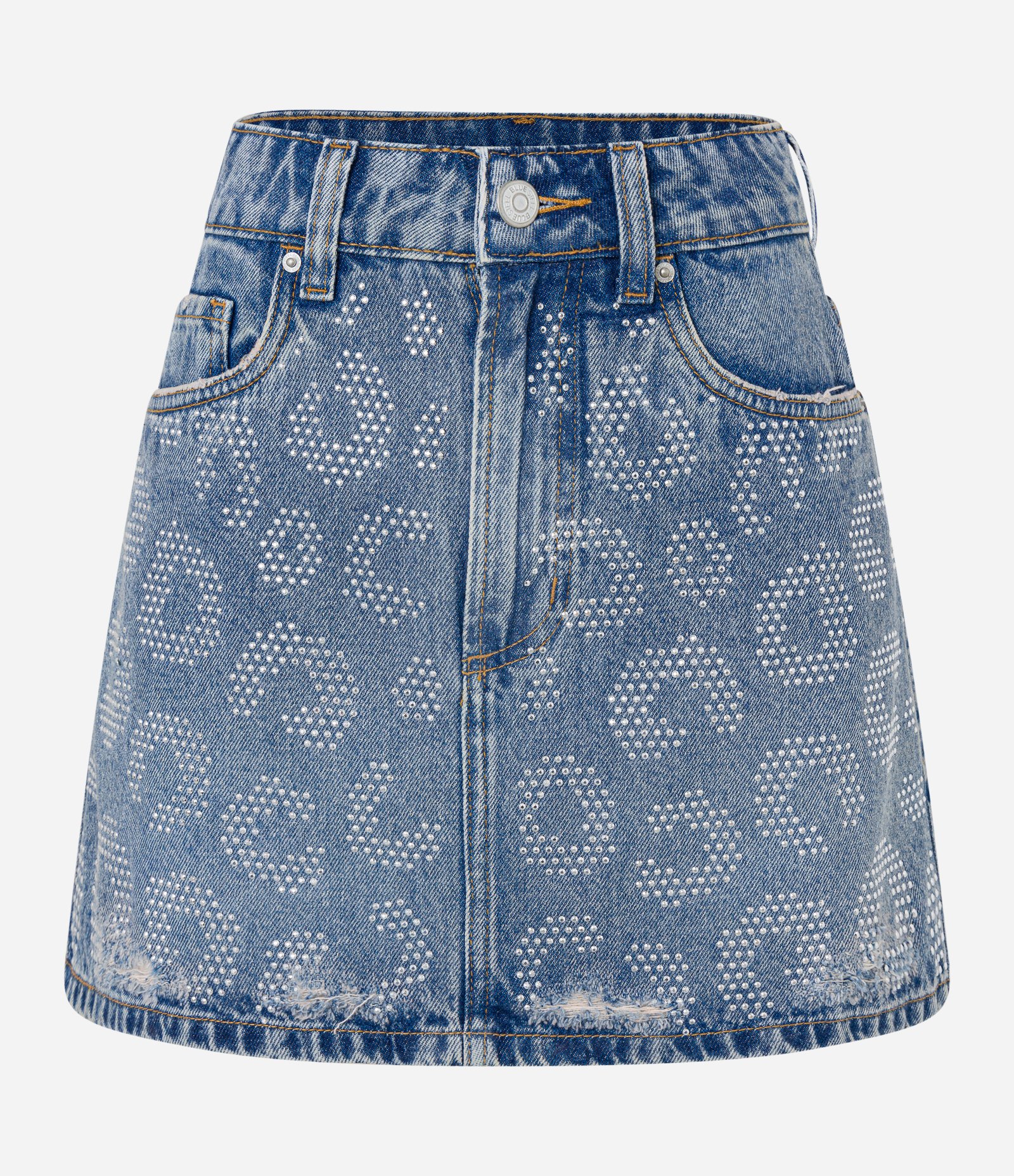 Saia Cintura Alta em Jeans Animal Print e Brilhos Aplicados Azul 1