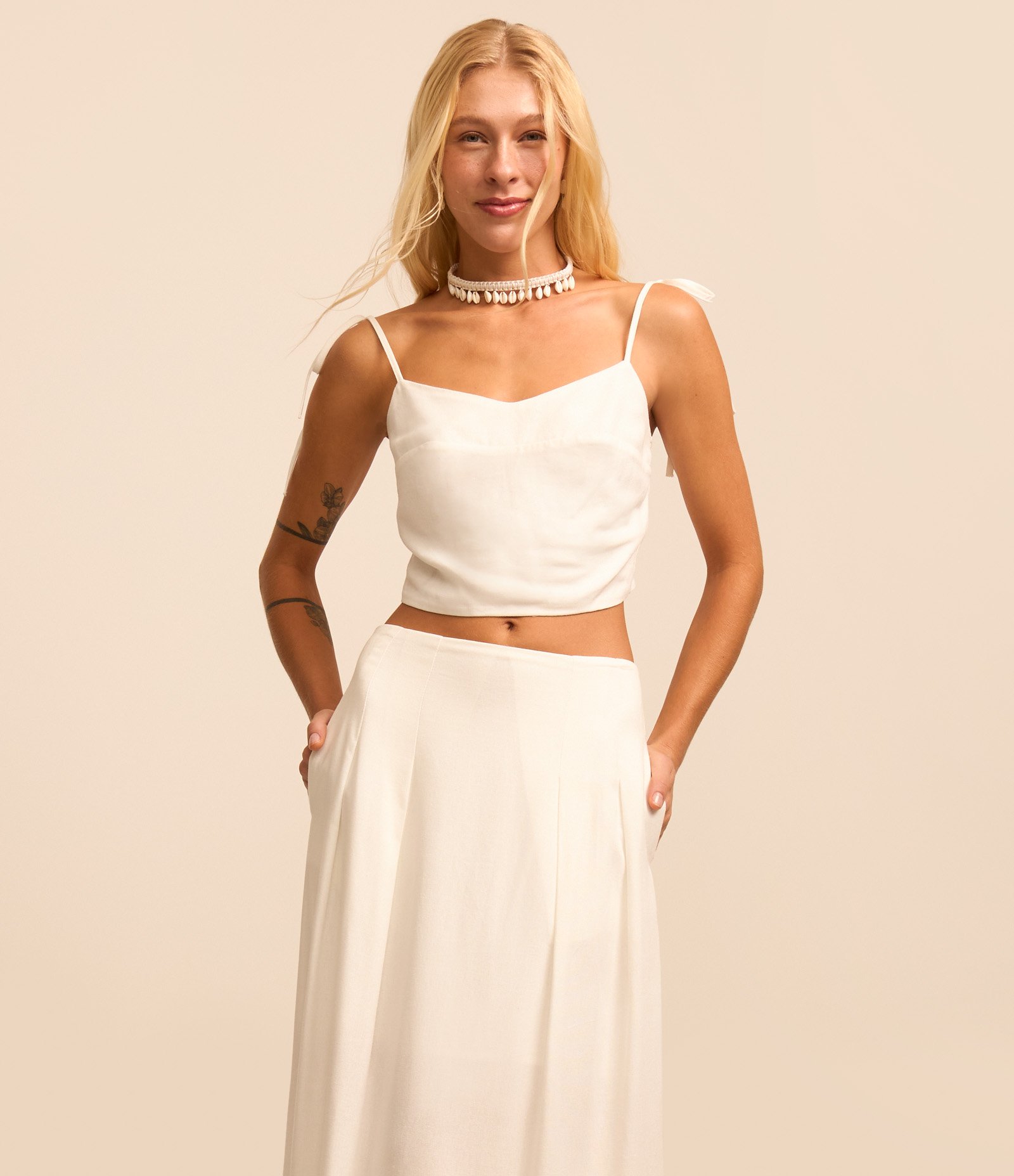 Saia New Midi em Viscolinho com Pregas Branco 2