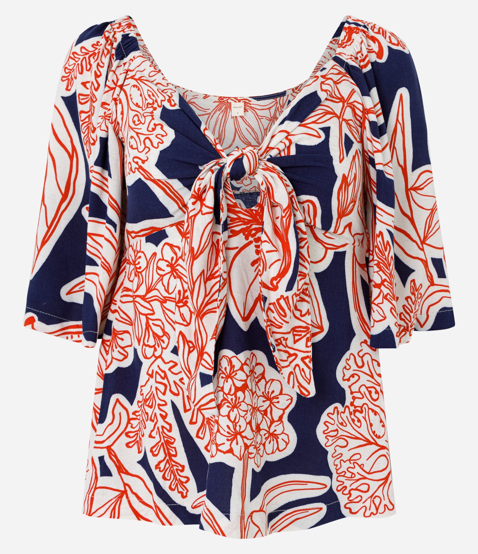 Blusa em Viscolinho com Nó de Decote e Folhagens Estampadas Azul/Laranja 6