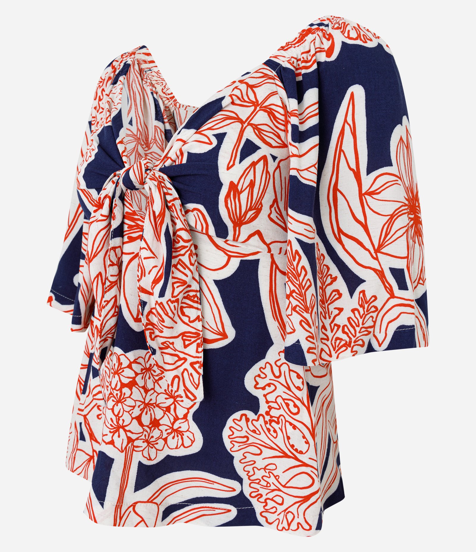 Blusa em Viscolinho com Nó de Decote e Folhagens Estampadas Azul/Laranja 7