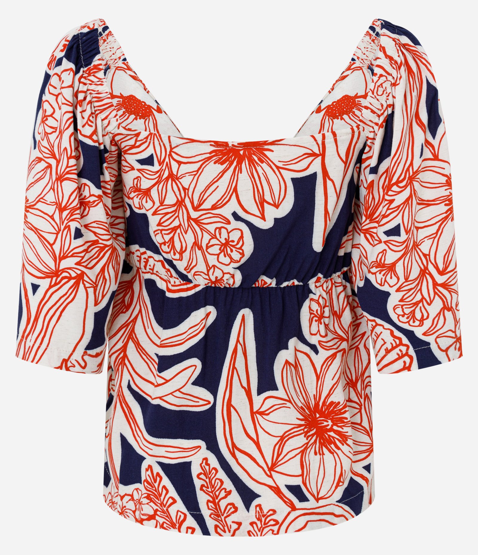 Blusa em Viscolinho com Nó de Decote e Folhagens Estampadas Azul/Laranja 8