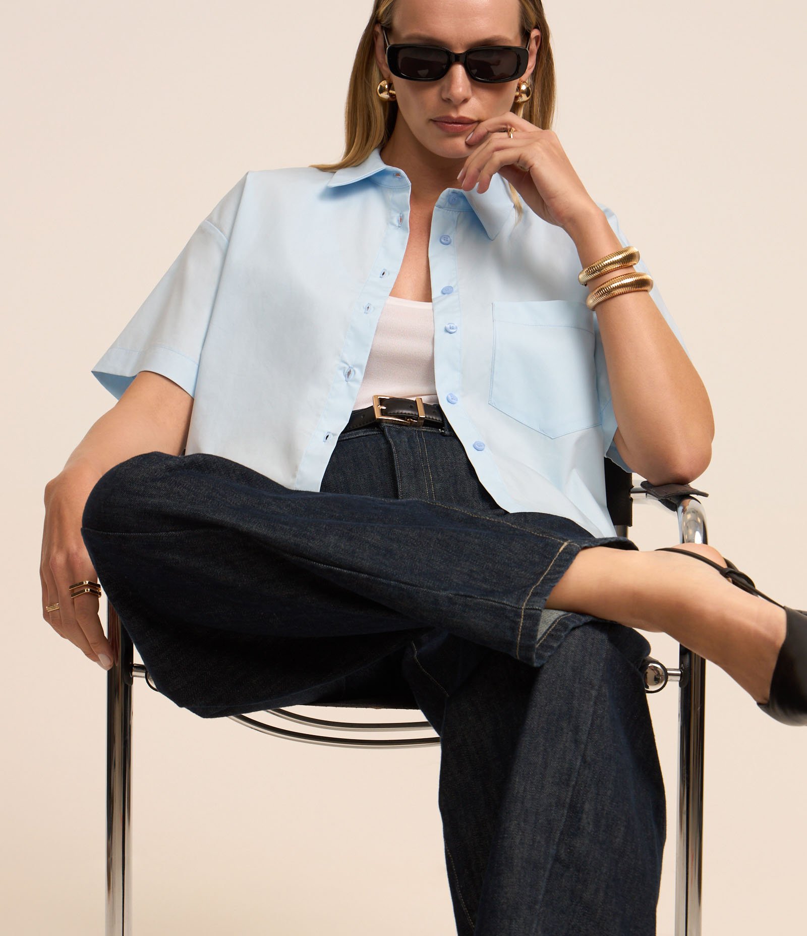 Camisa em Tricoline com Bolso Frontal Azul Pastel 6