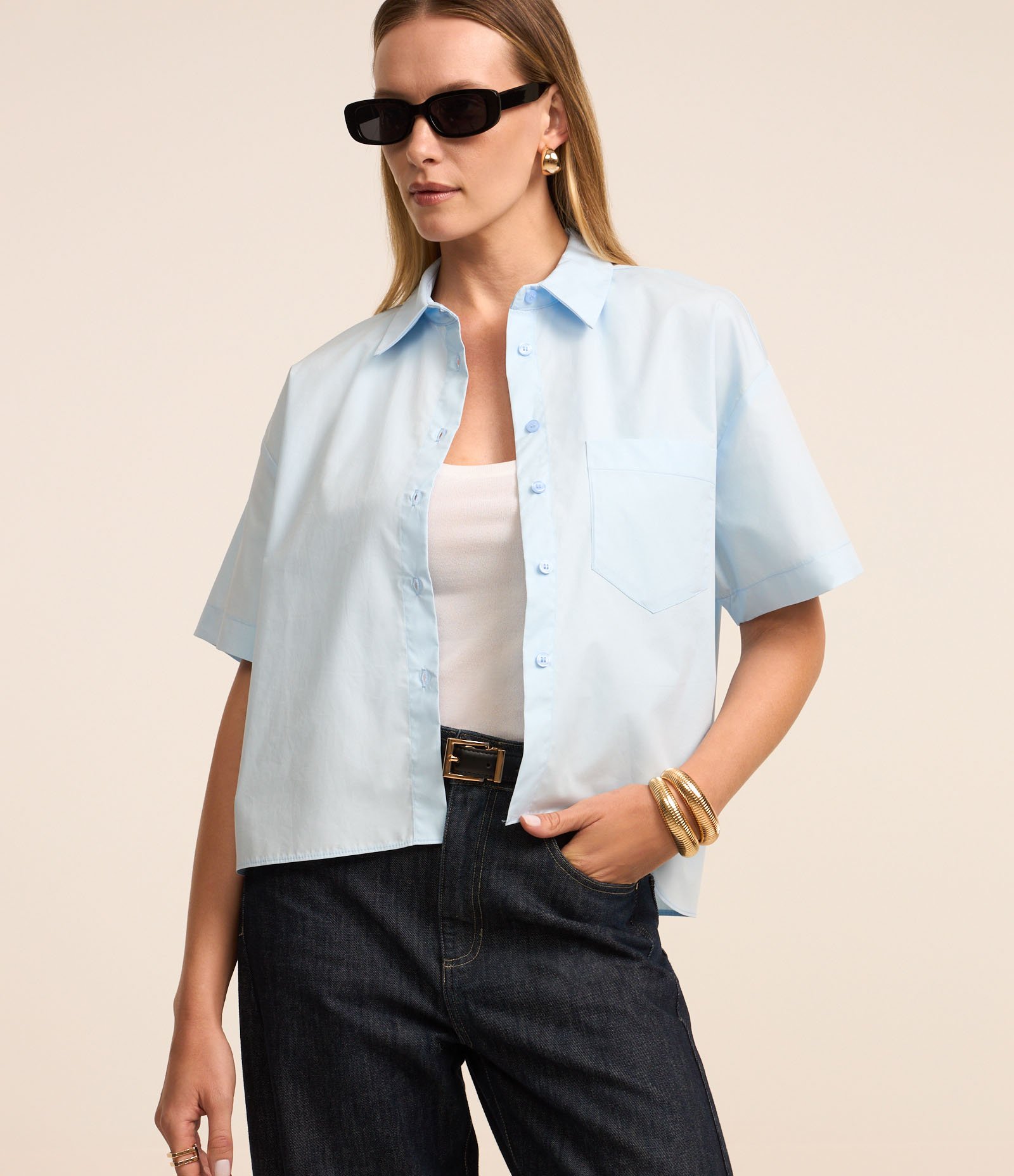 Camisa em Tricoline com Bolso Frontal Azul Pastel 1