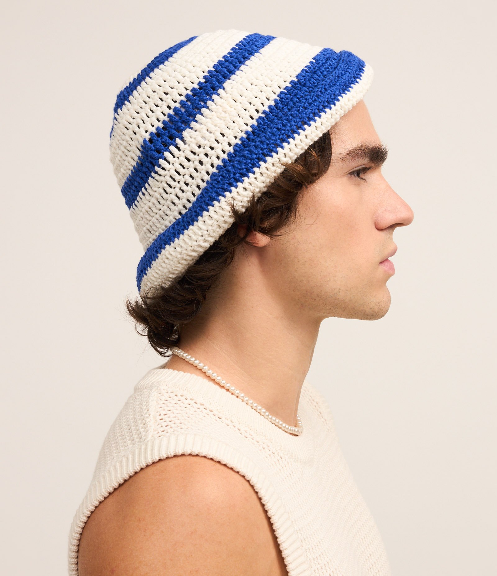 Chapéu Bucket Listrado em Tricô com Efeito Crochê Branco/Azul 6