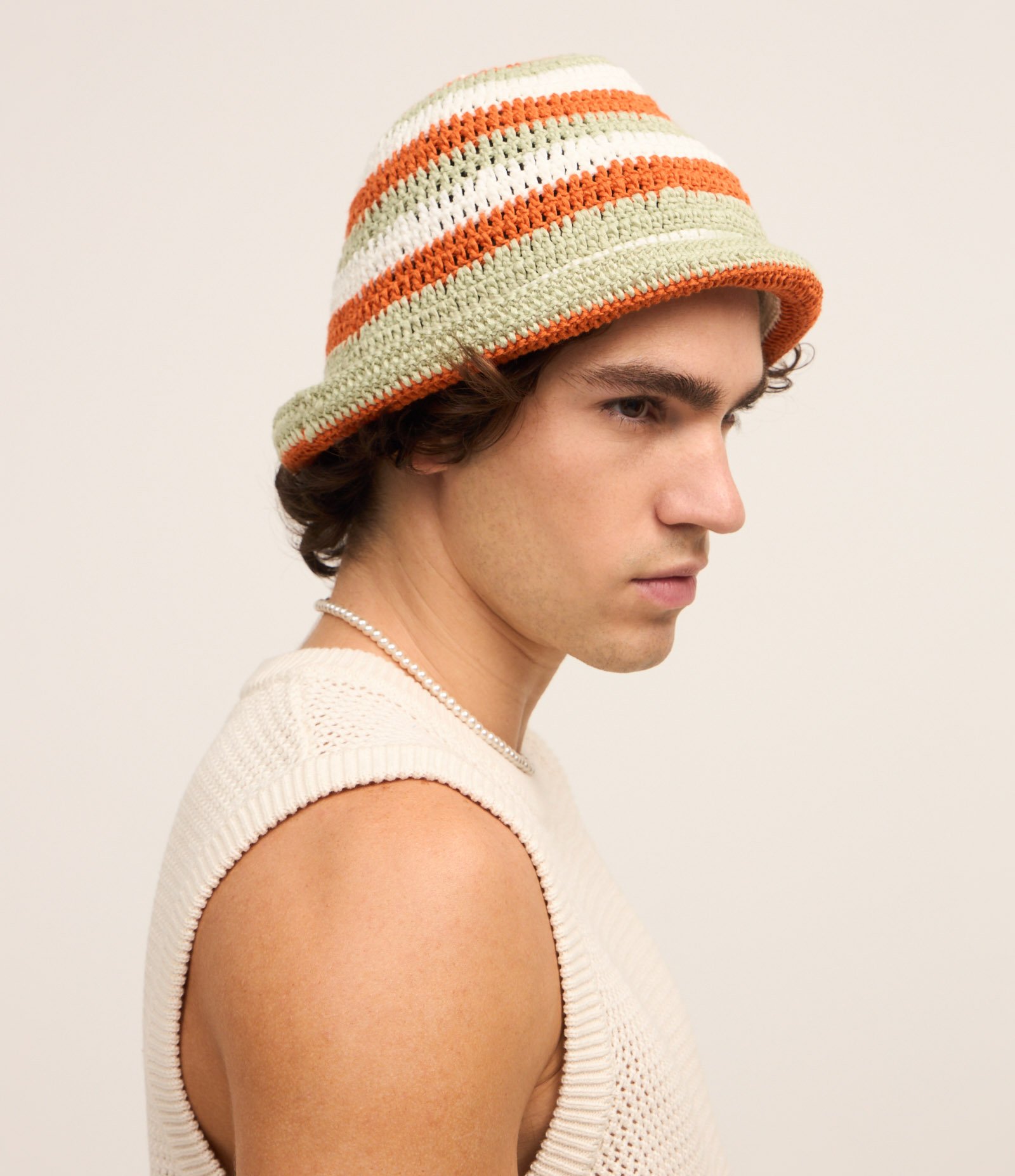 Chapéu Bucket Listrado em Tricô com Efeito Crochê Verde/Laranja/Branco 7