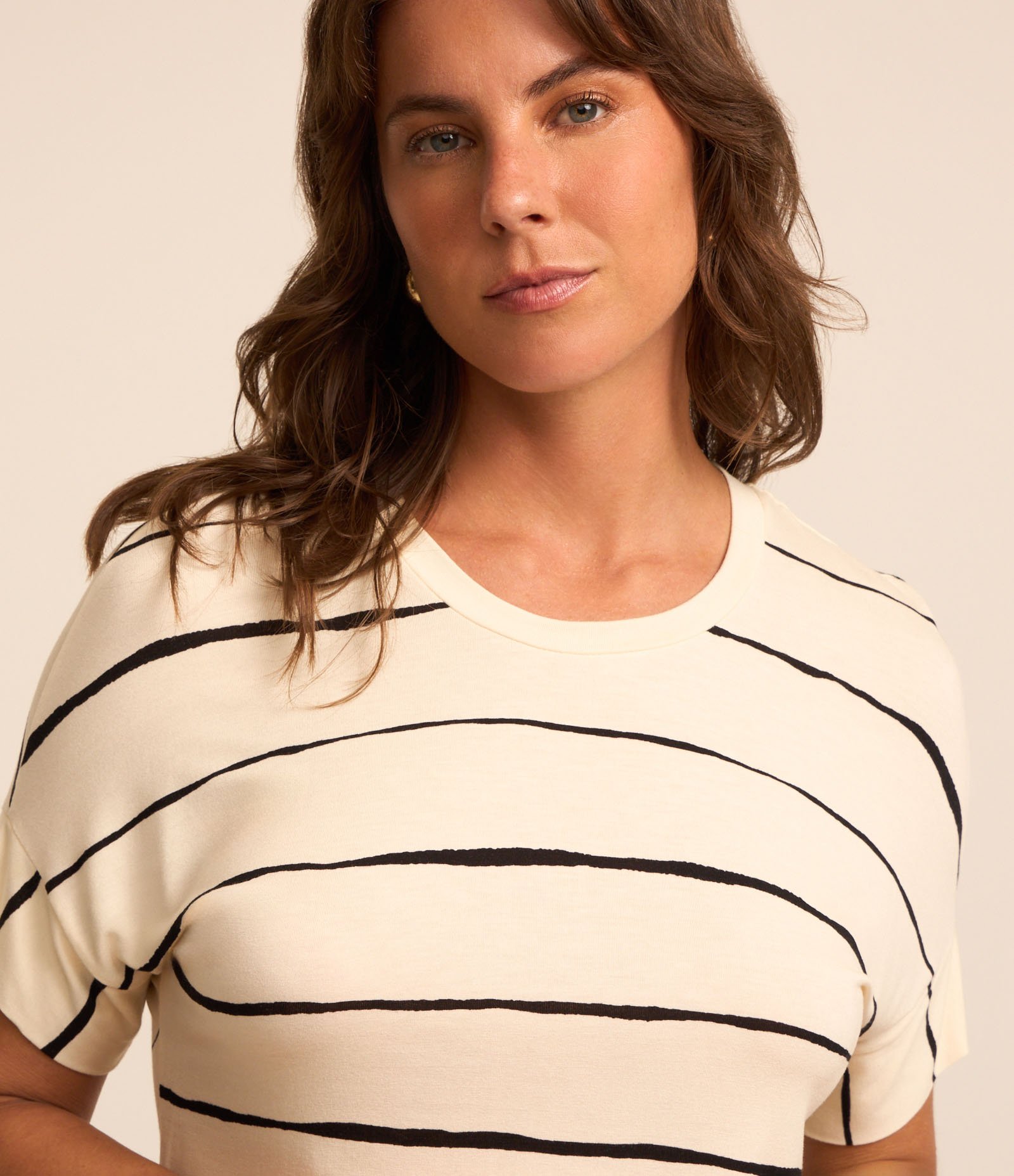 Blusa de Manga Curta em Algodão com Listras Rústicas Bege 3