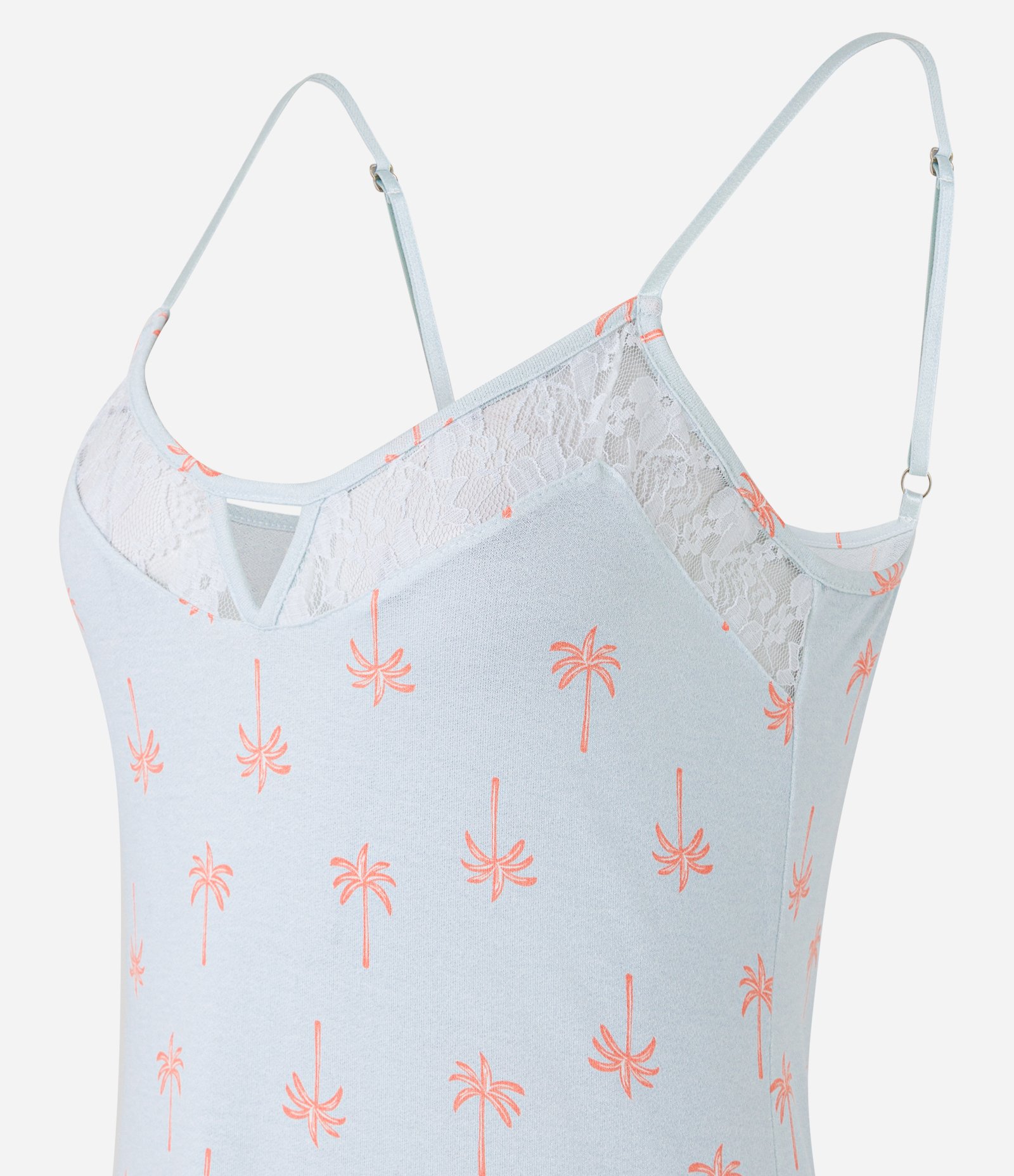 Camisola Alcinha em Viscose com Rendas e Estampa Coqueiros Azul Claro 5