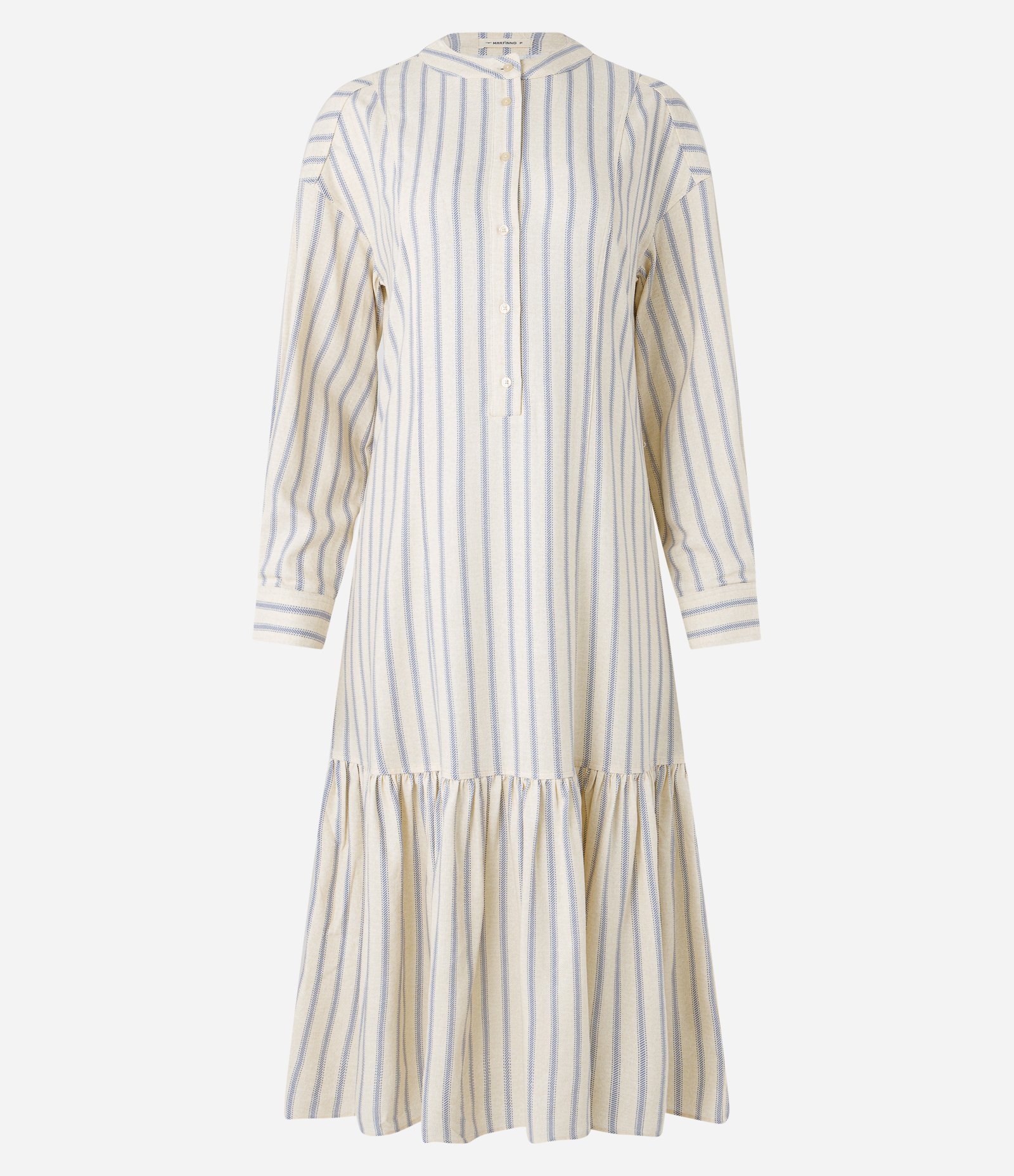 Vestido Chemise Midi Manga 3/4 em Viscolinho Listrado Branco/ Azul 6