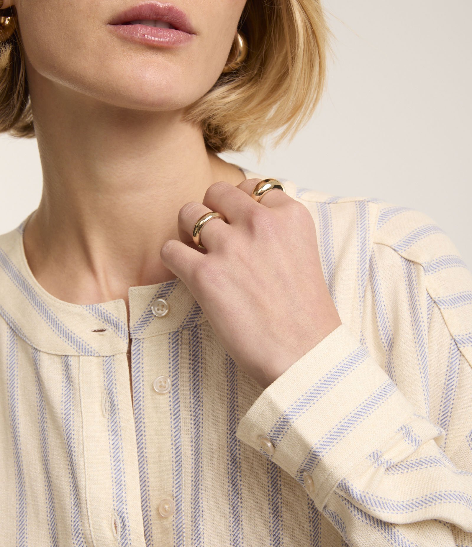 Vestido Chemise Midi Manga 3/4 em Viscolinho Listrado Branco/ Azul 4