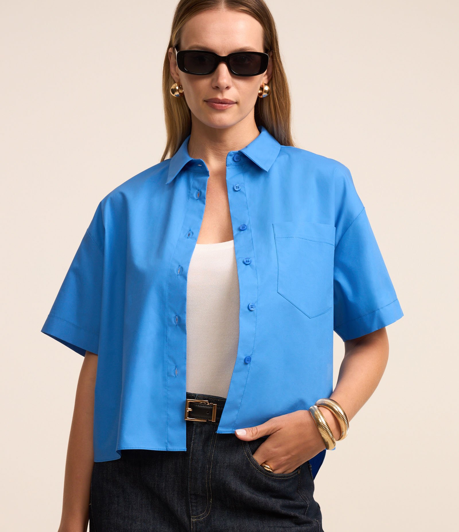 Camisa em Tricoline com Bolso Frontal Azul Celeste 1