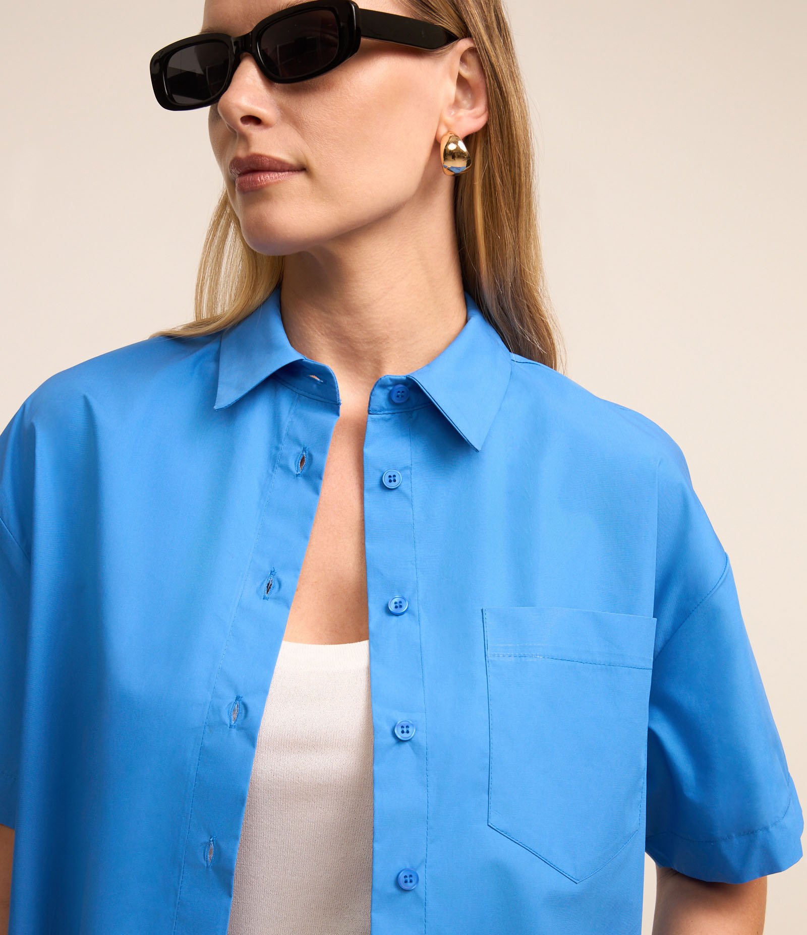 Camisa em Tricoline com Bolso Frontal Azul Celeste 3