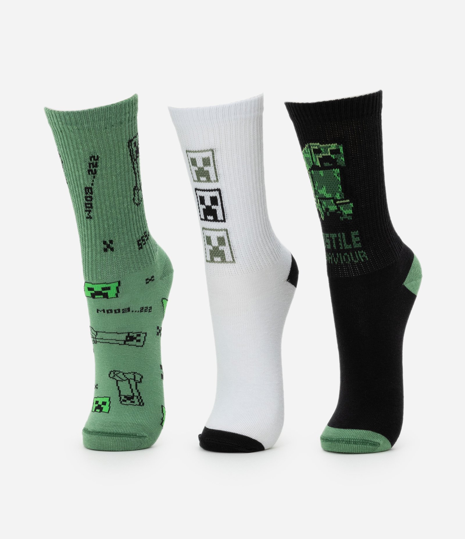 Kit 03 Meias Infantis em Algodão Estampa Minecraft - Tam 23 ao 38 Verde/Branco/Preto 1