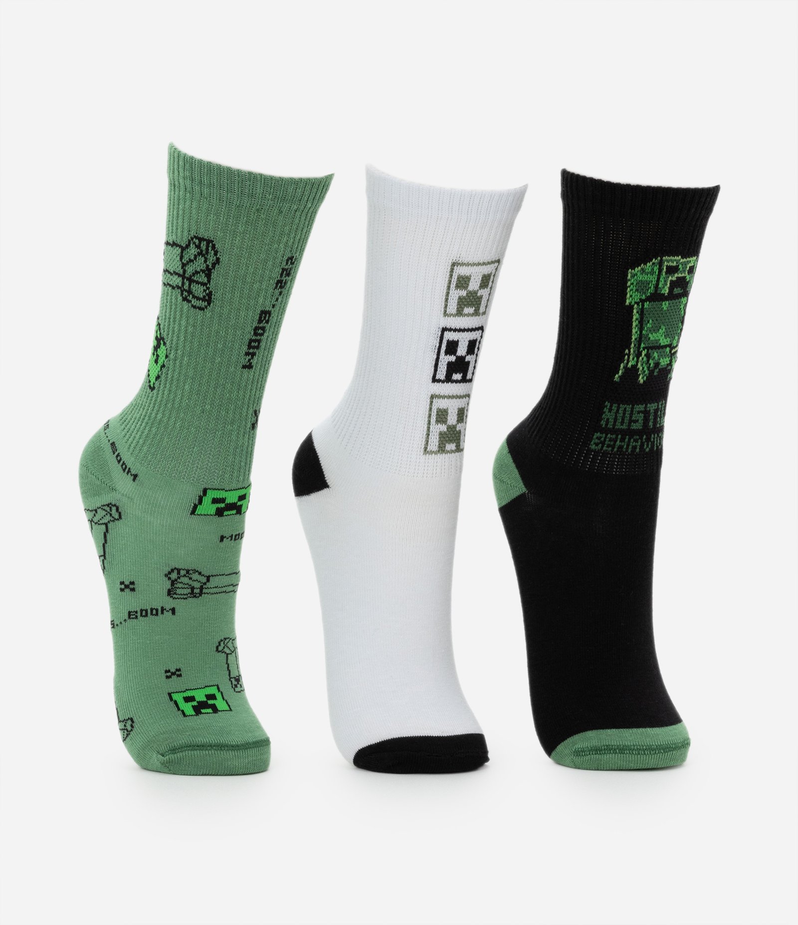 Kit 03 Meias Infantis em Algodão Estampa Minecraft - Tam 23 ao 38 Verde/Branco/Preto 2