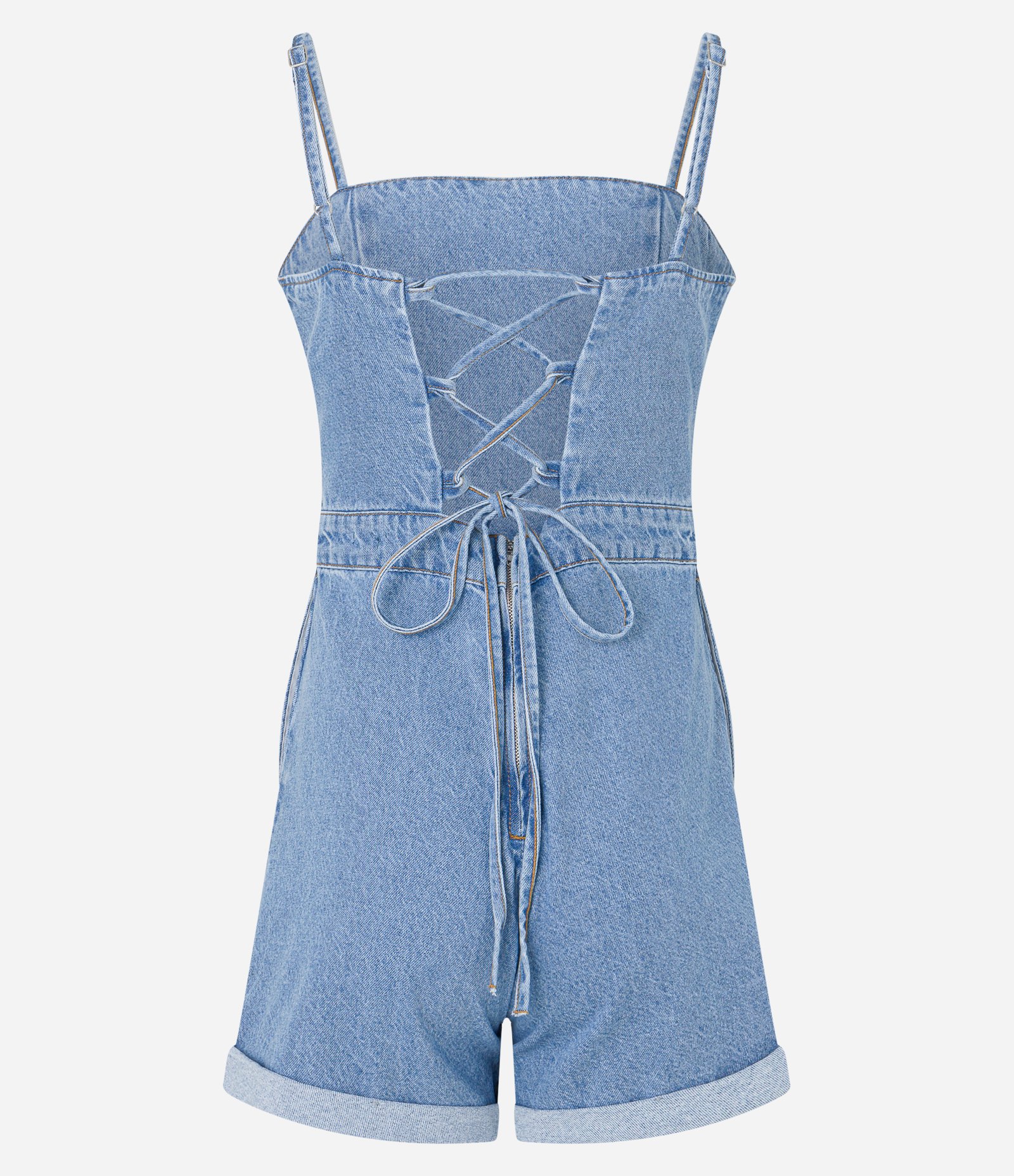 Macaquinho em Jeans com Alcinha e Amarração nas Costas Azul 7