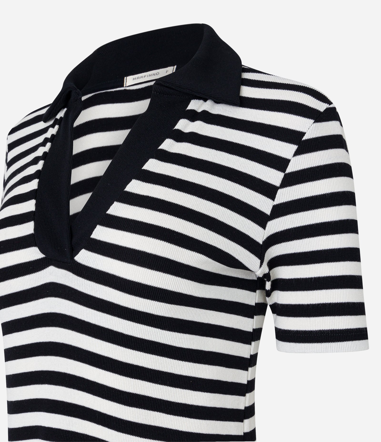 Blusa em Ribana Listrada com Gola Polo e Fio Tinto Preto/Branco 7