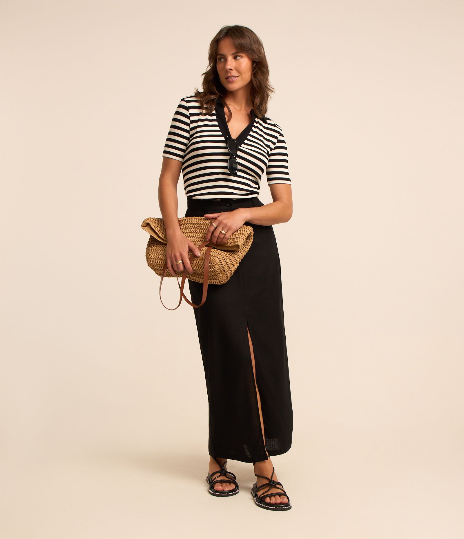 Blusa em Ribana Listrada com Gola Polo e Fio Tinto Preto/Branco 2