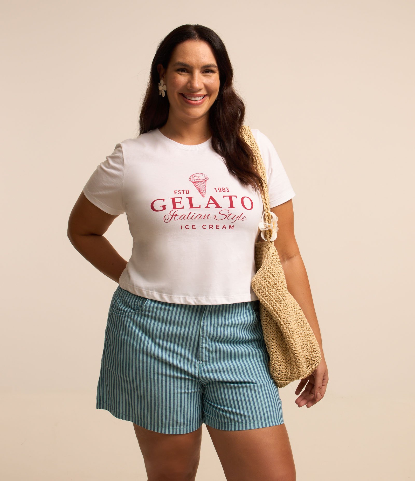 Short Mom Jeans com Estampa Listrada Curve & Plus Size Azul 1