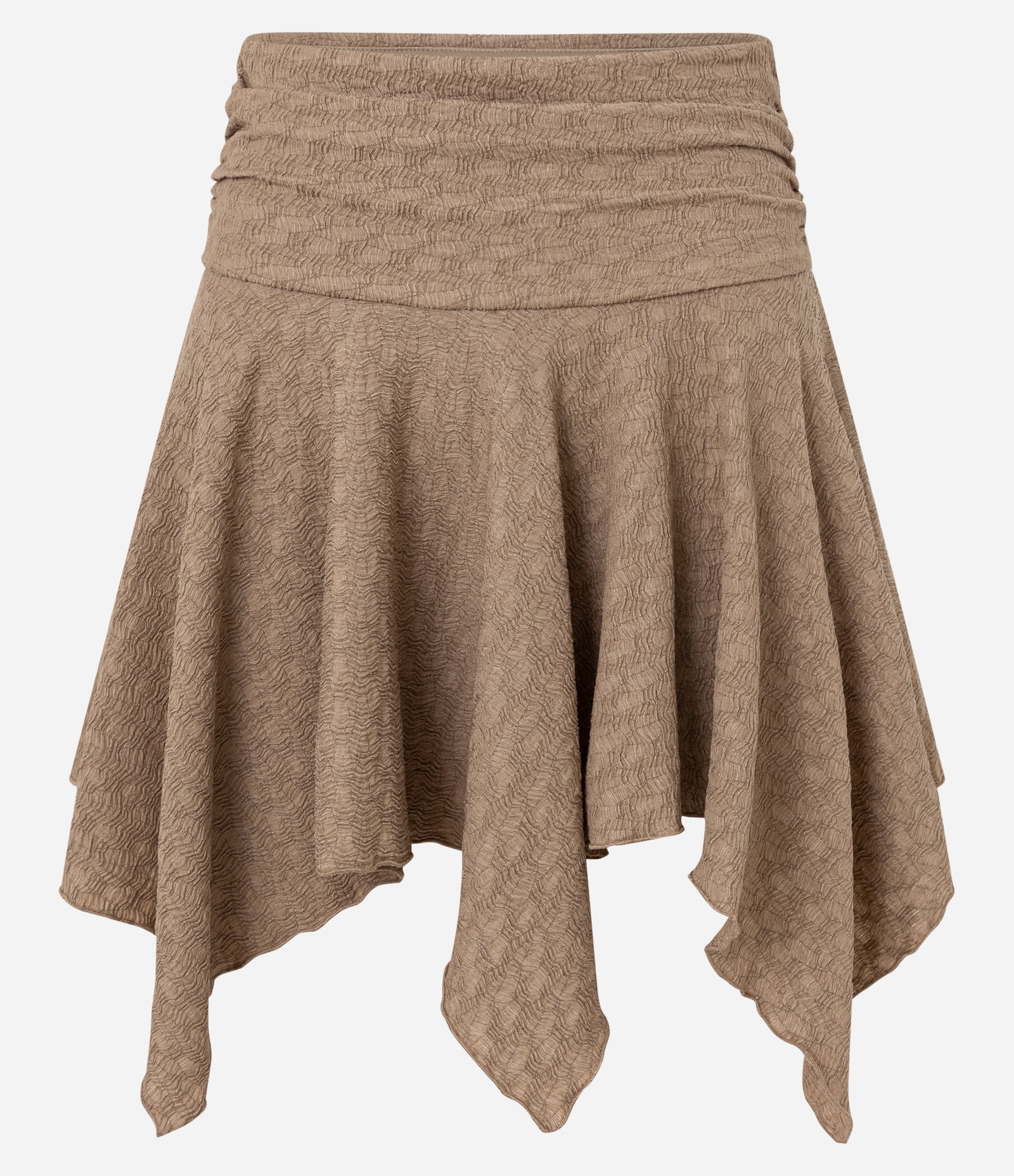 Saia Curta Texturizada com Franzido na Cintura e Barra com Ponta Marrom 6