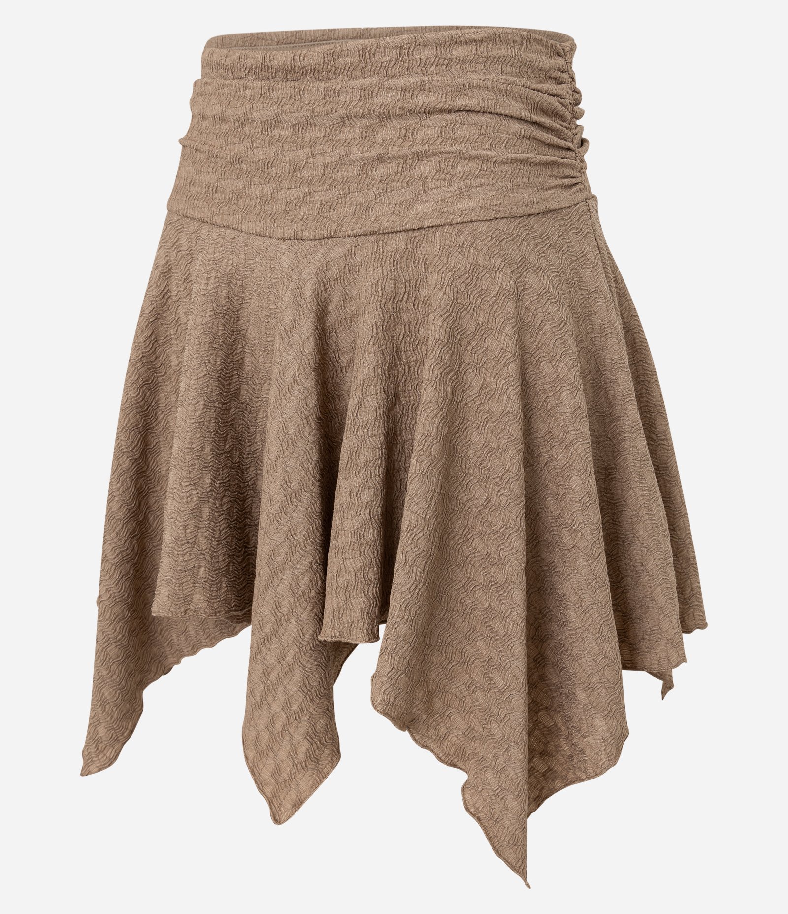 Saia Curta Texturizada com Franzido na Cintura e Barra com Ponta Marrom 7