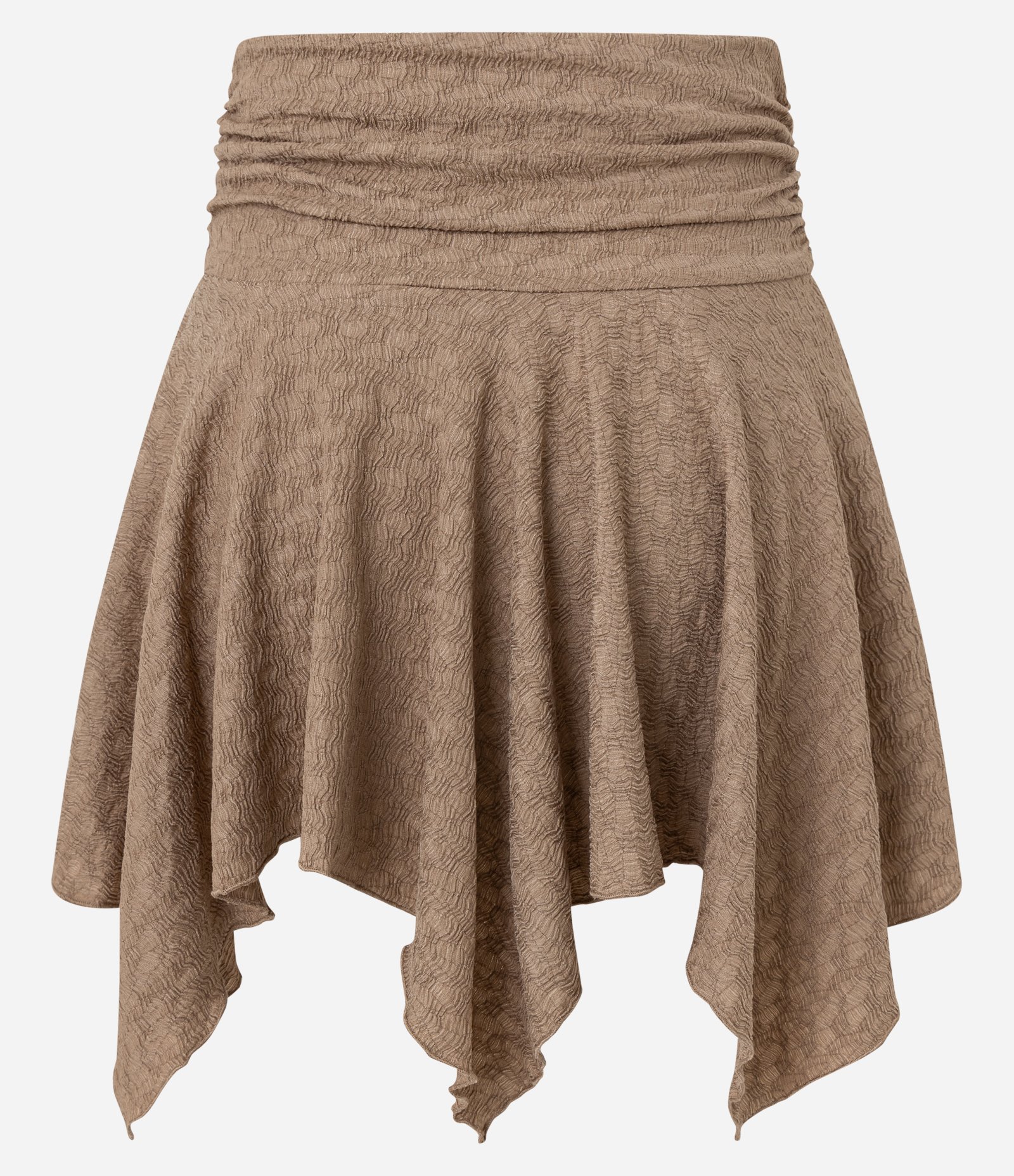 Saia Curta Texturizada com Franzido na Cintura e Barra com Ponta Marrom 8