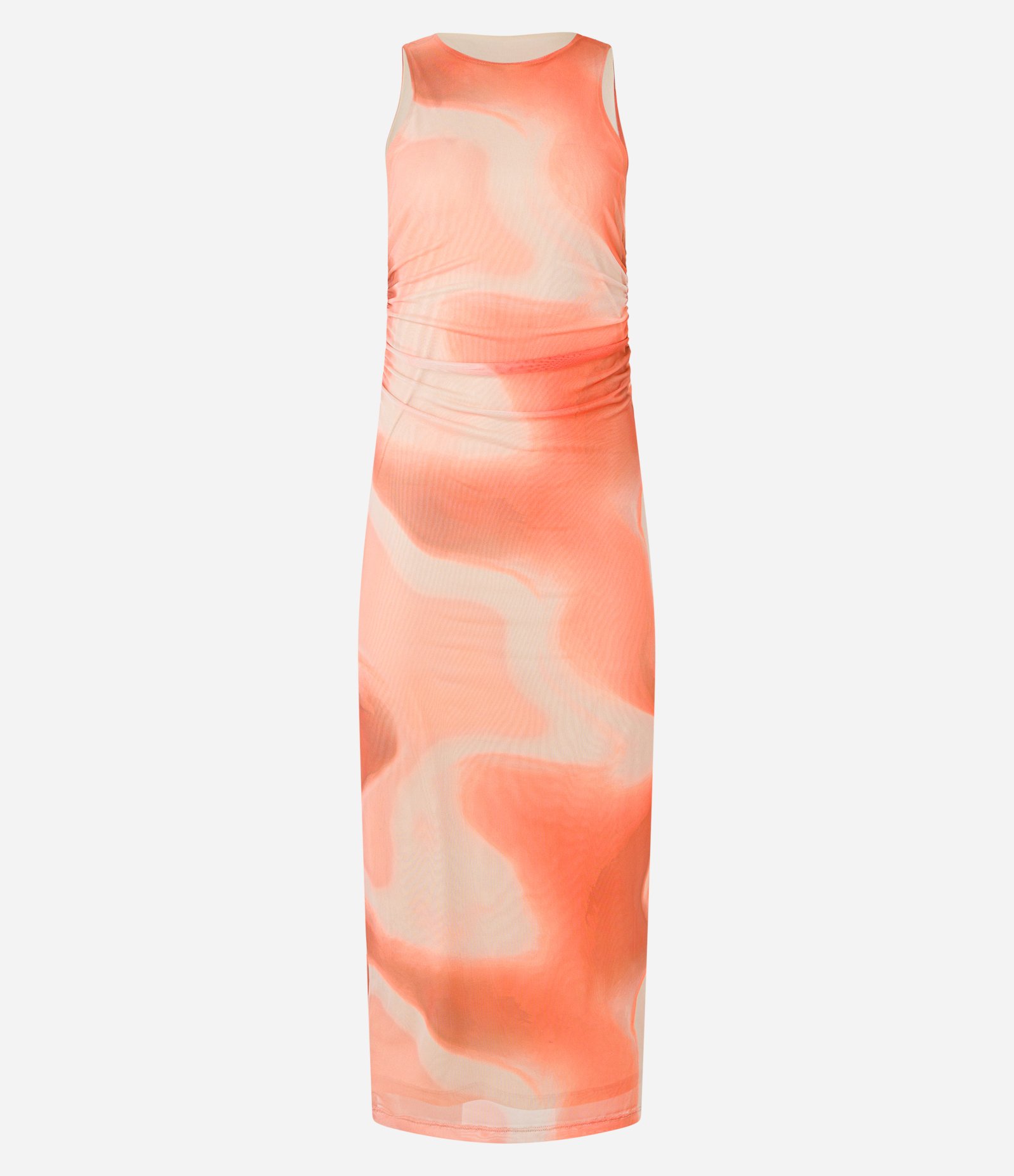 Vestido Midi em Tule com Drapeado e Estampa Abstrata Laranja 4