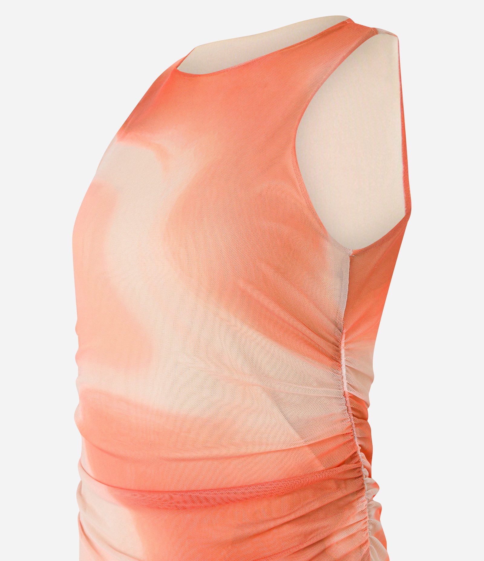 Vestido Midi em Tule com Drapeado e Estampa Abstrata Laranja 5