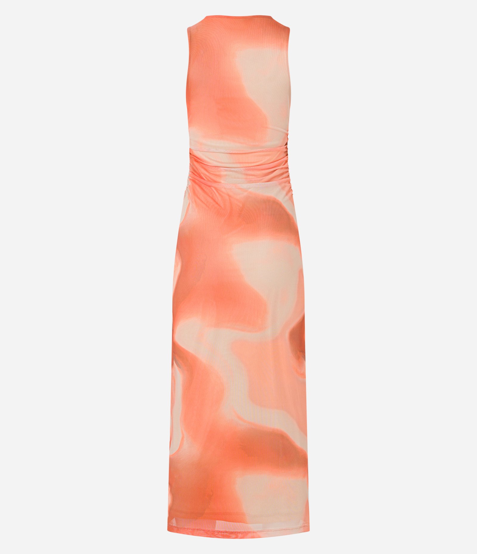 Vestido Midi em Tule com Drapeado e Estampa Abstrata Laranja 6