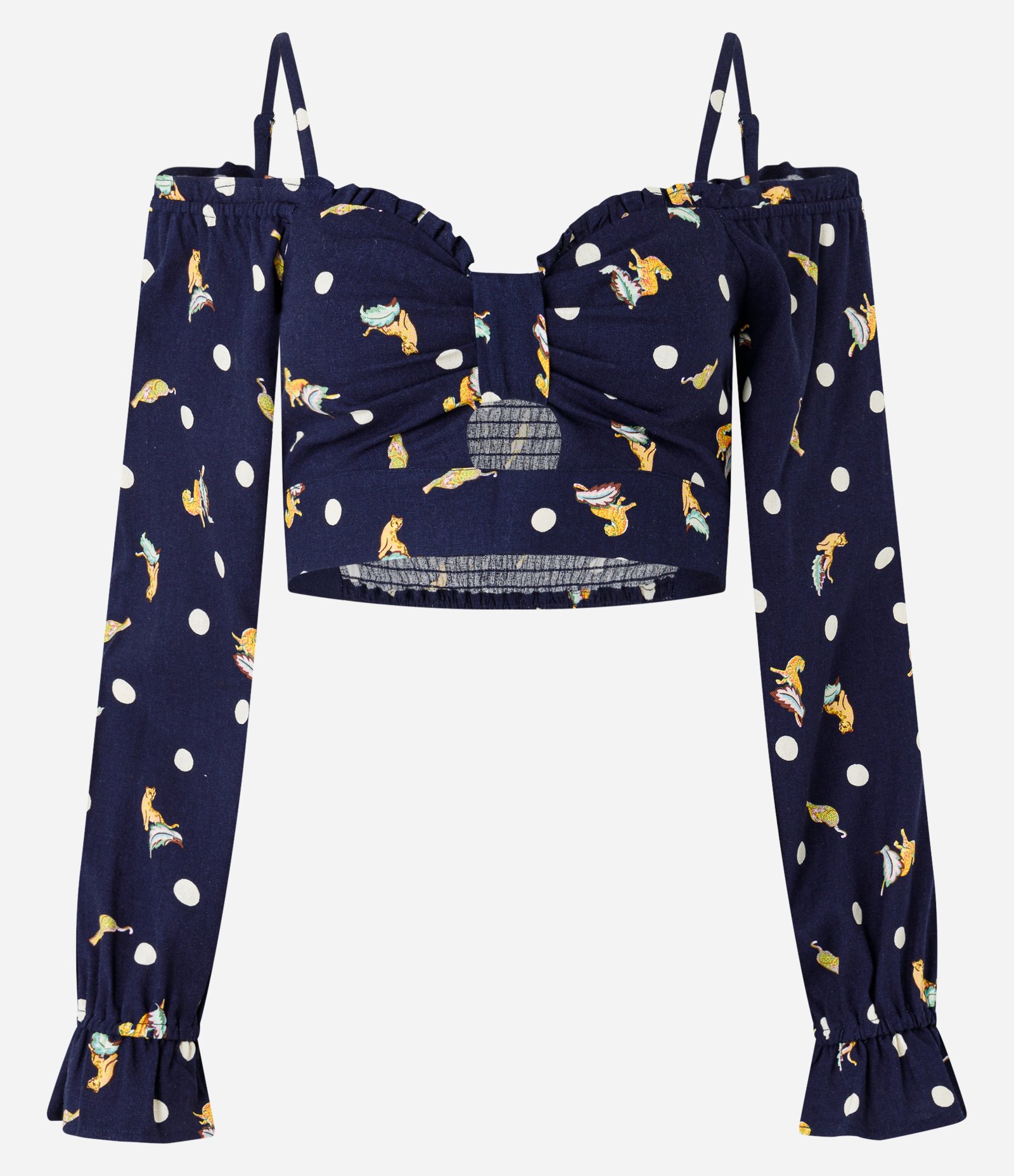 Blusa Cropped em Viscose e Linho com Estampa de Oncinhas Azul Marinho 6