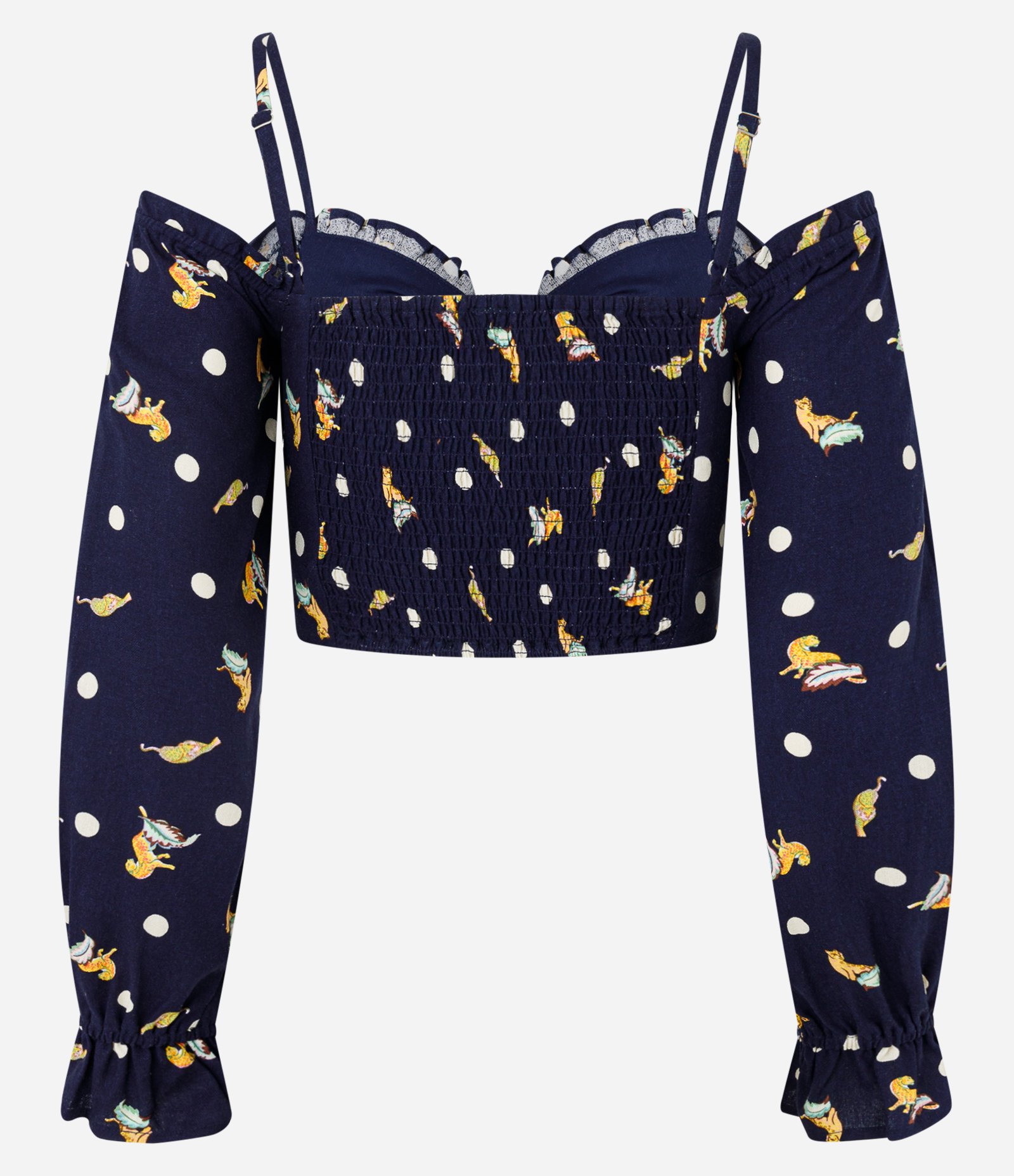 Blusa Cropped em Viscose e Linho com Estampa de Oncinhas Azul Marinho 7