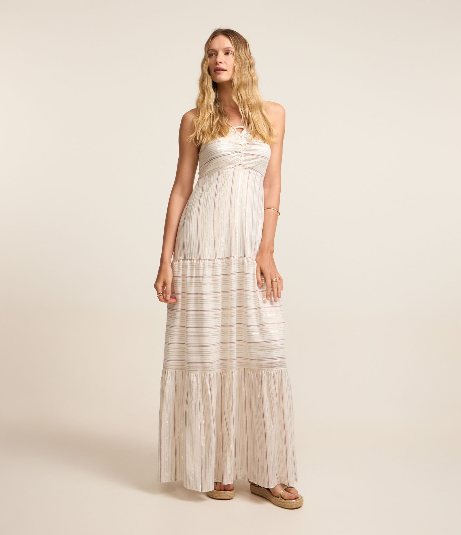 Vestido Midi em Jacquard com Busto Franzido e Listras em Fio Tinto Branco Neve 2