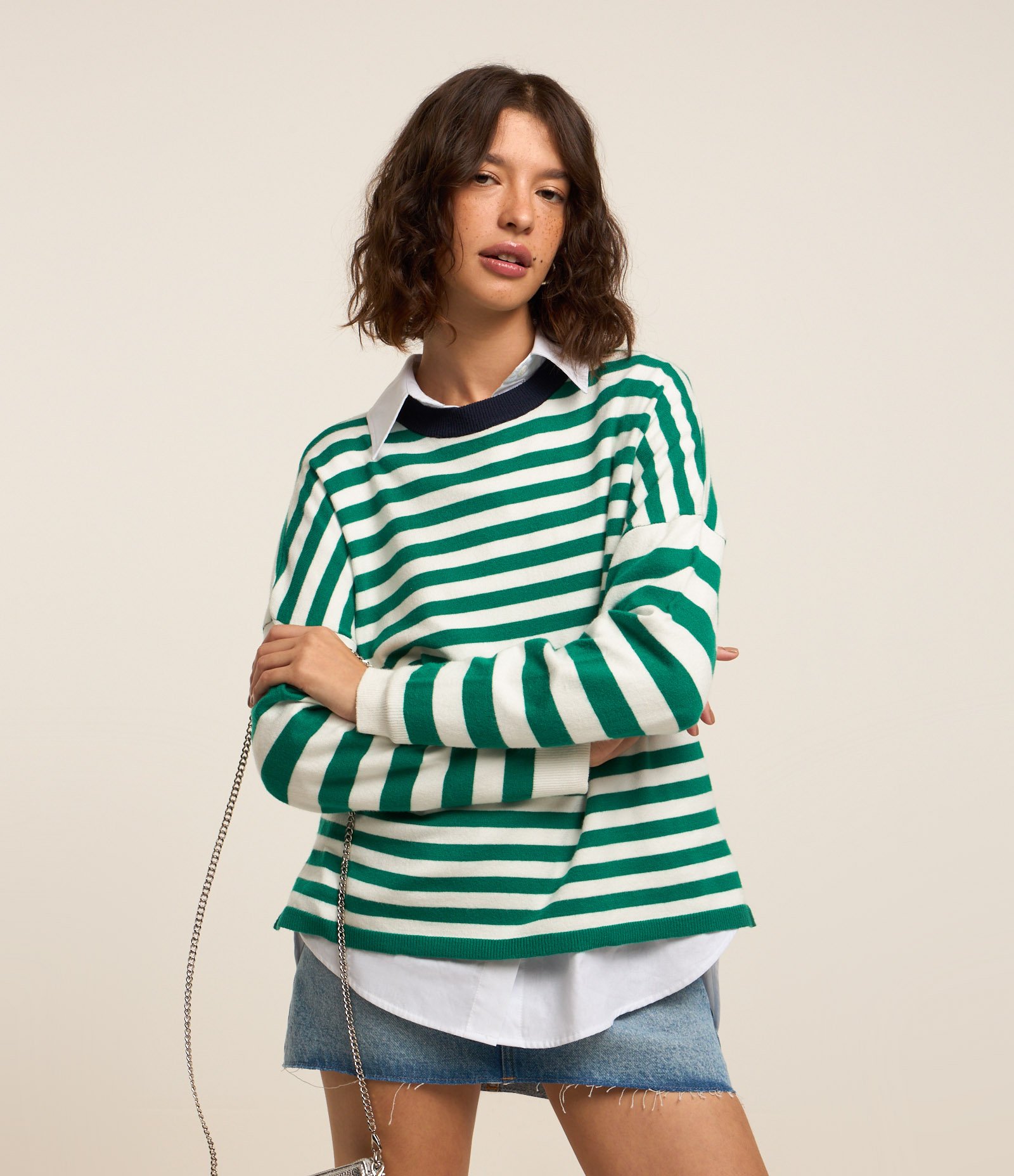 Suéter Slim em Tricô com Listras e Gola Contrastante Verde 1